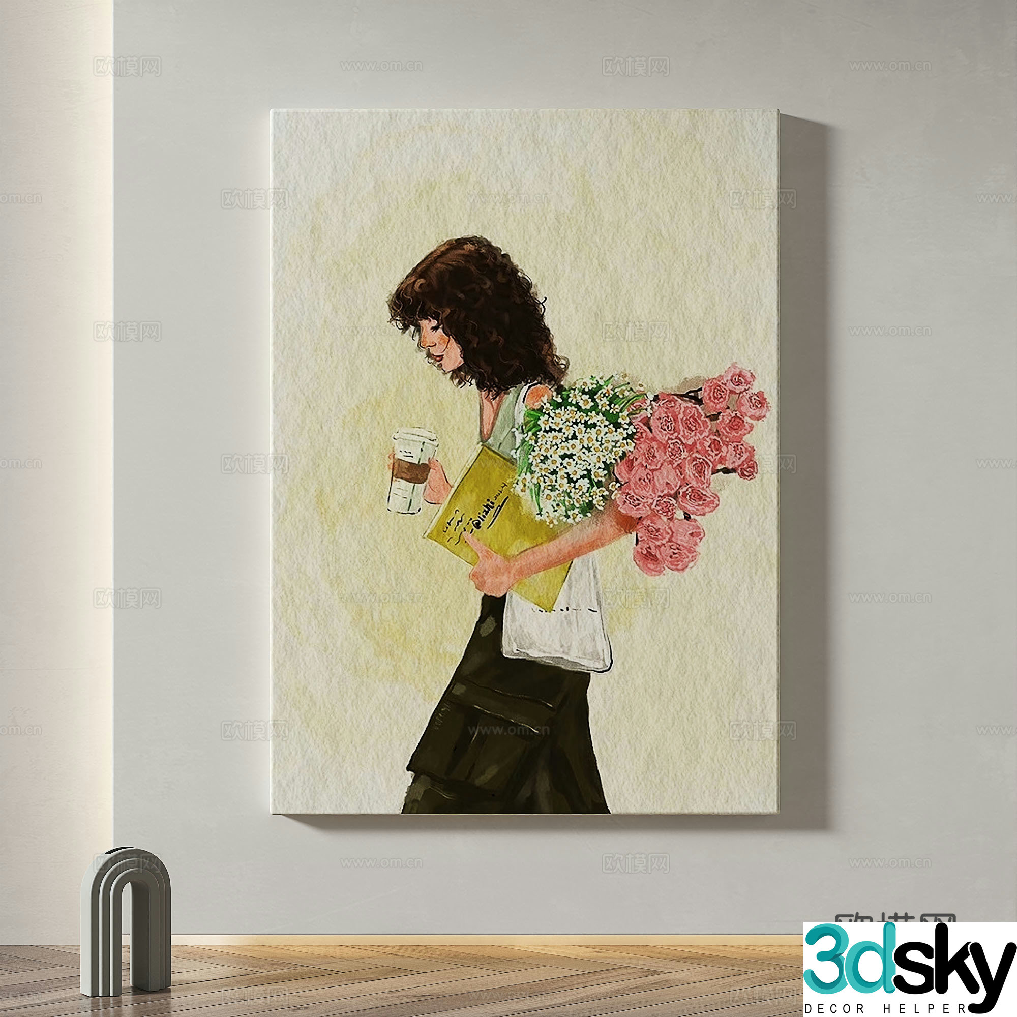 Modern retro simple abstract Nordic light luxury oil painting decorative painting 3d model