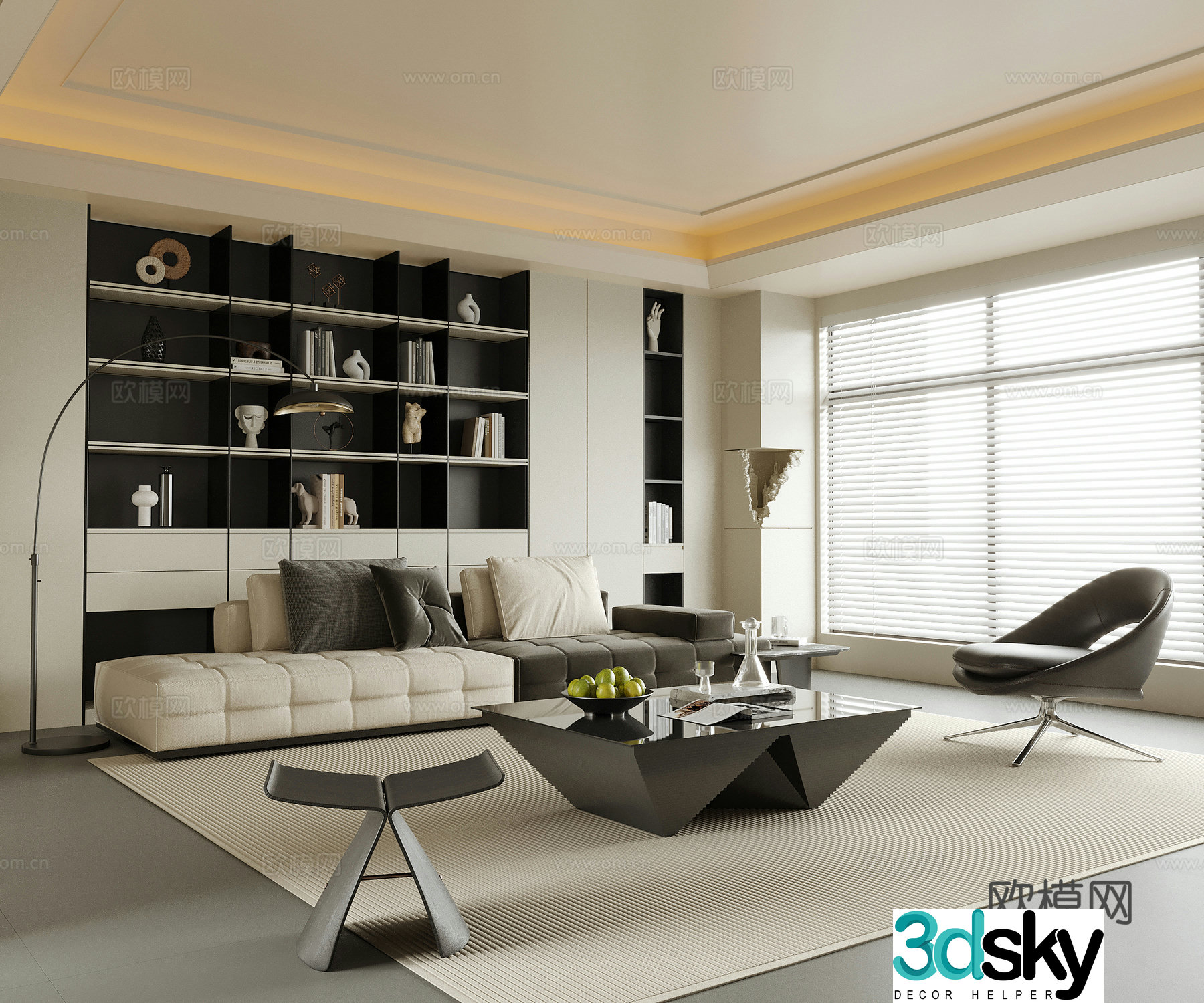 Modern living room sofa coffee table bookcase sofa background wall 3d model