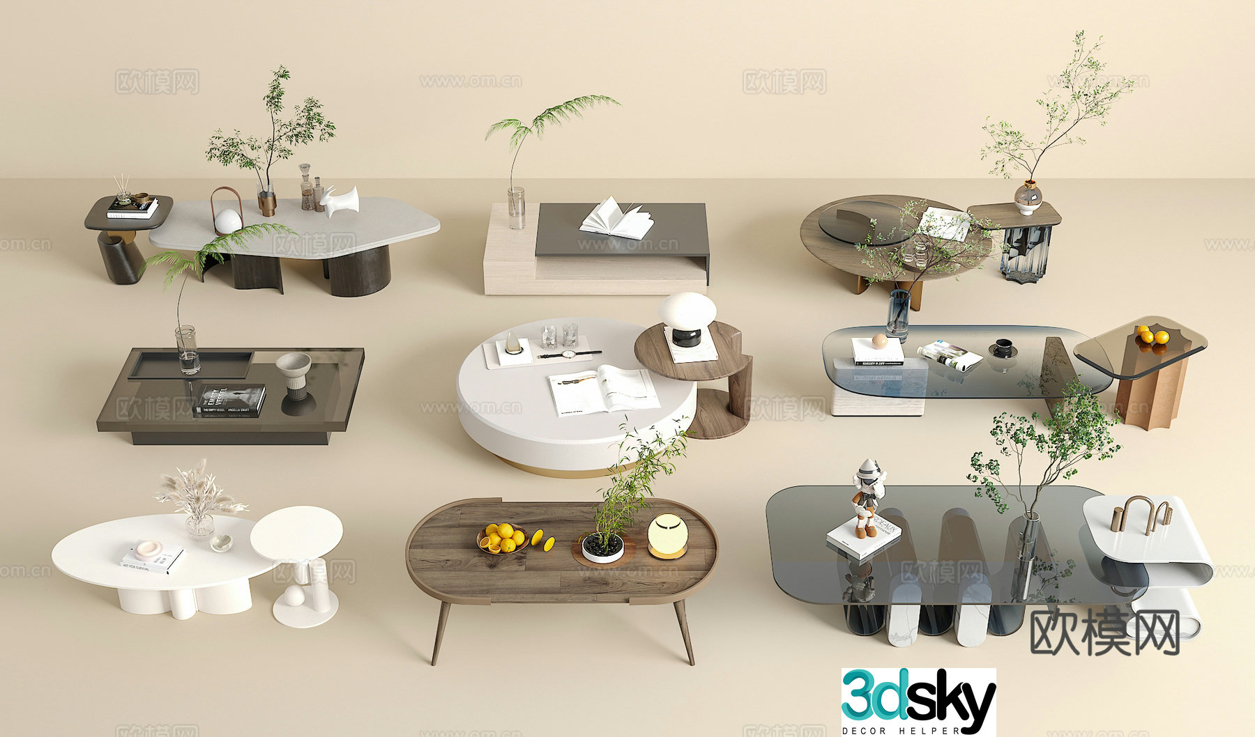 Coffee table combination green plants jewelry ornaments book 3d model