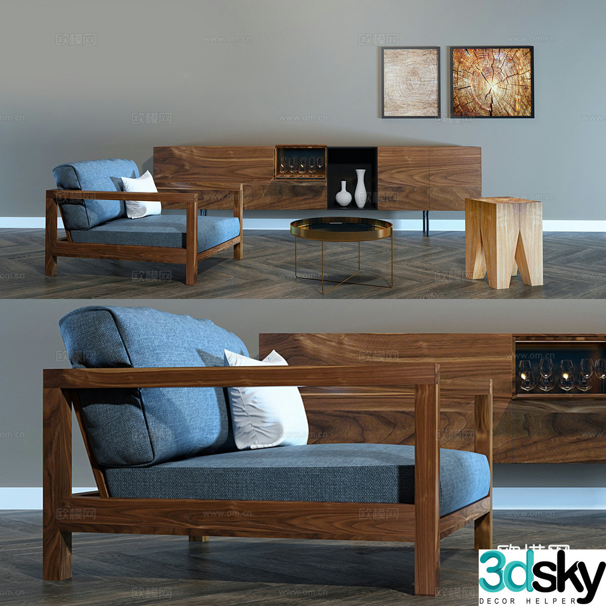 Living room sofa coffee table combination hanging painting rest area 3D model