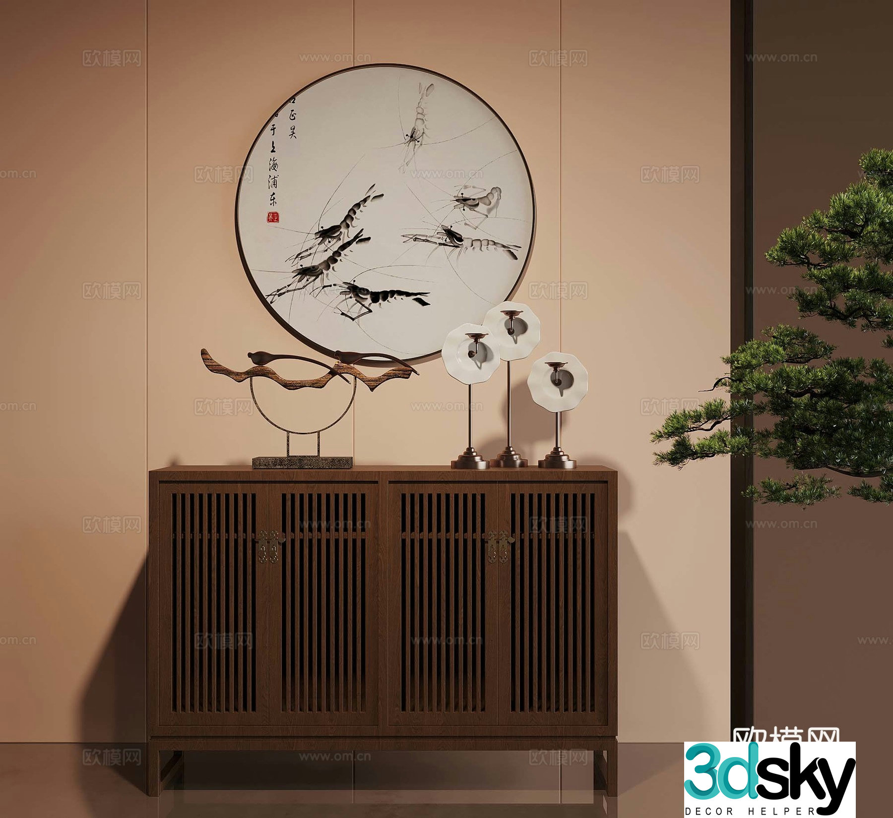 New Chinese style entrance cabinet end view cabinet end view platform 3D model of hanging paintings