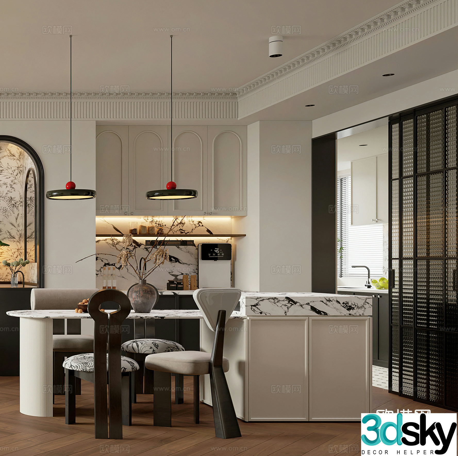 Middle style restaurant French restaurant island dining table chandelier wine cabinet direct drinker line tube machine 3d model