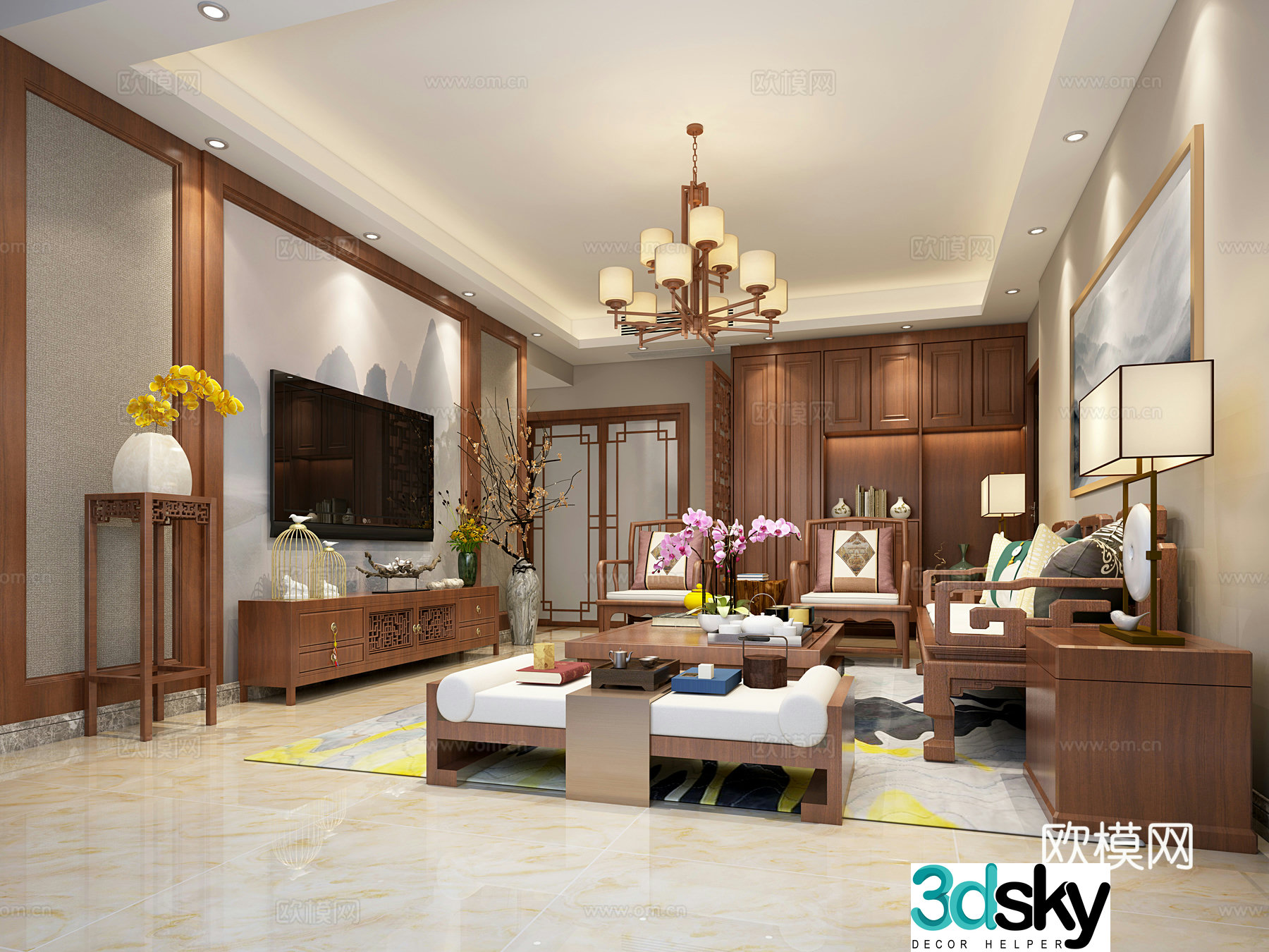 New Chinese style living and dining table chair sofa coffee table chandeliers desktop ornaments 3D model of hanging paintings