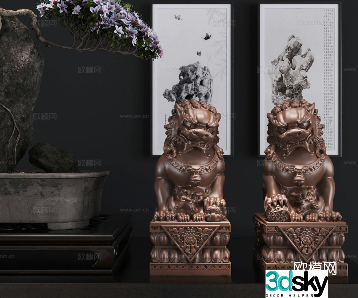 Modern new Chinese style mother-child stone lion sculpture ornament combination 3D model