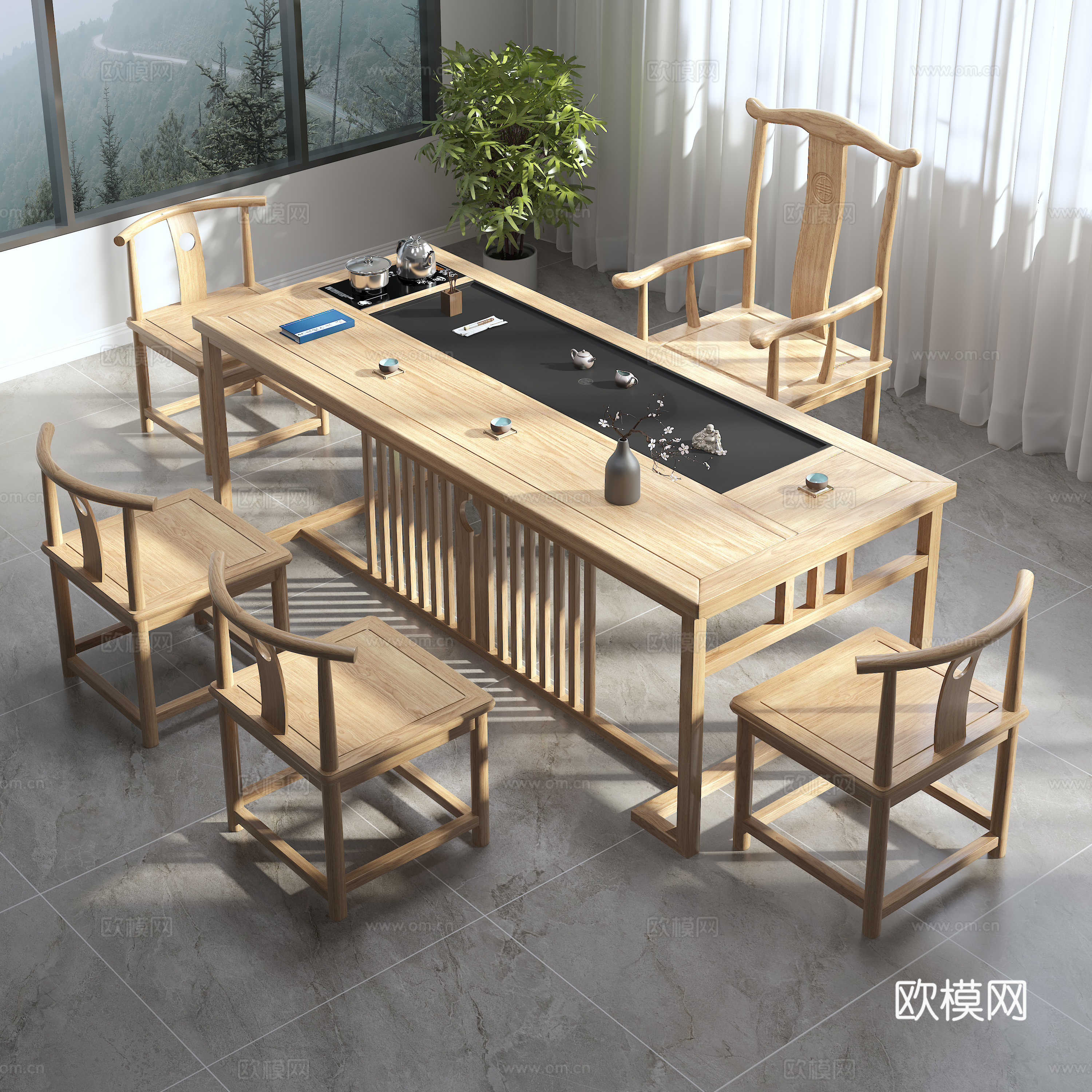 Solid wood tea table balcony scene 3d model