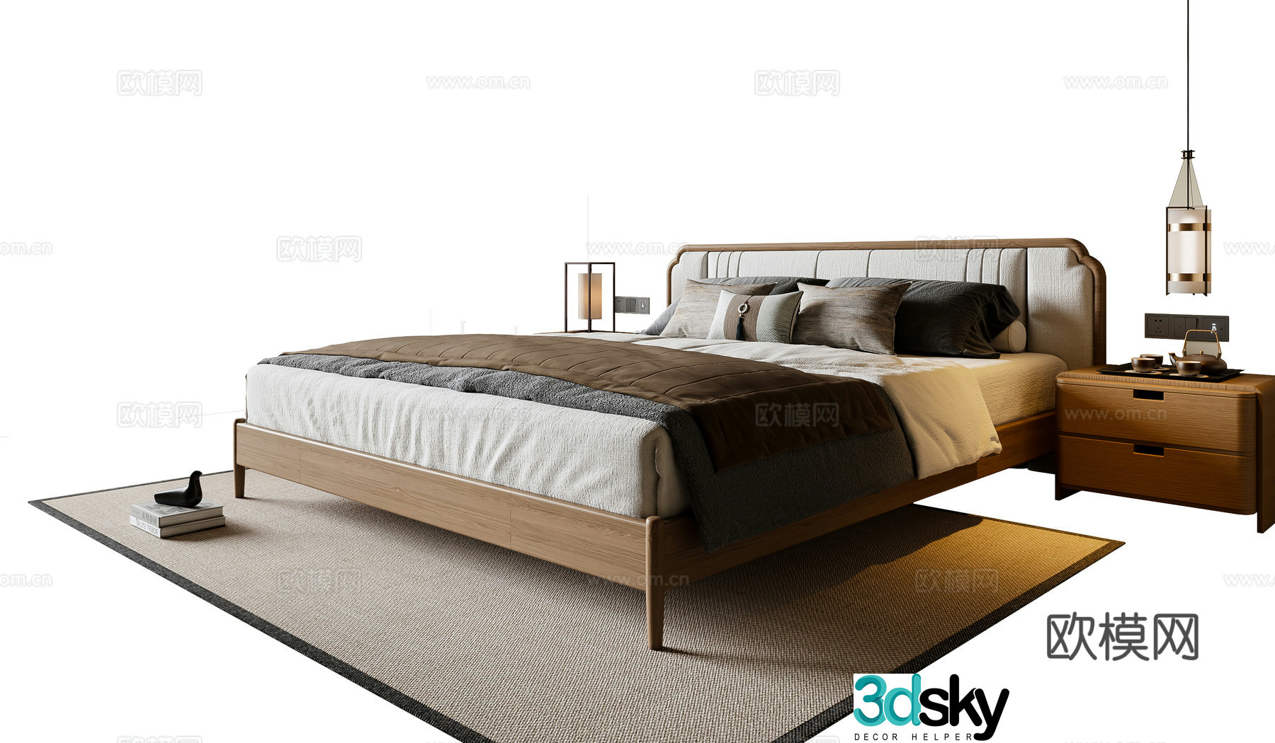 New Chinese Song style double bed nightstand chandeliers carpet 3d model