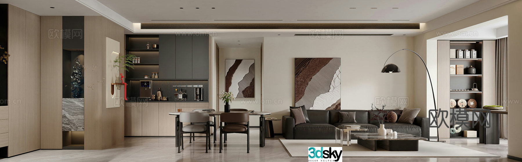 Modern living and dining room high-end gray living room combined sofa dining table Italian living and dining room Italian living room 3d model