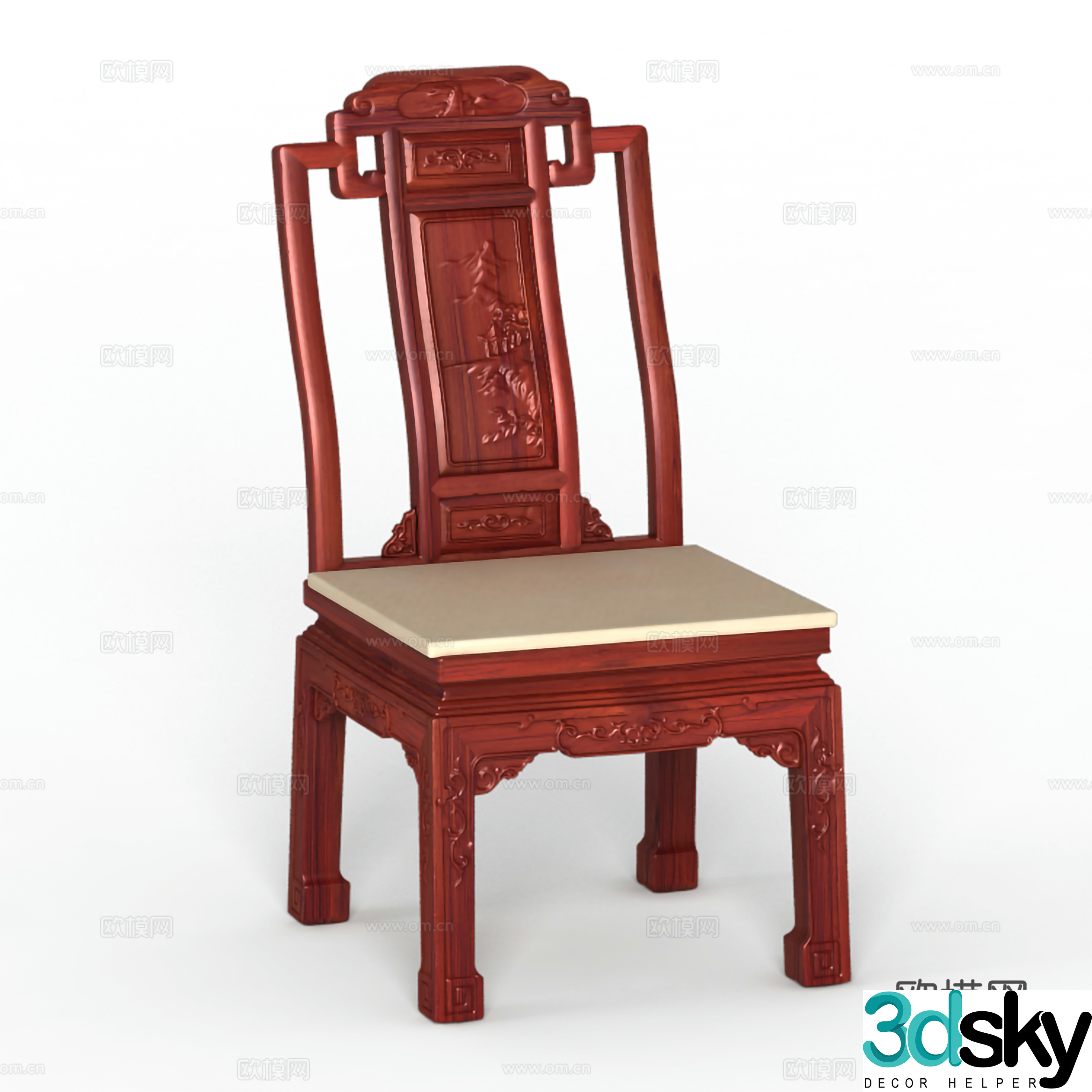 Chinese dining chair carved solid wood mahogany 3D model