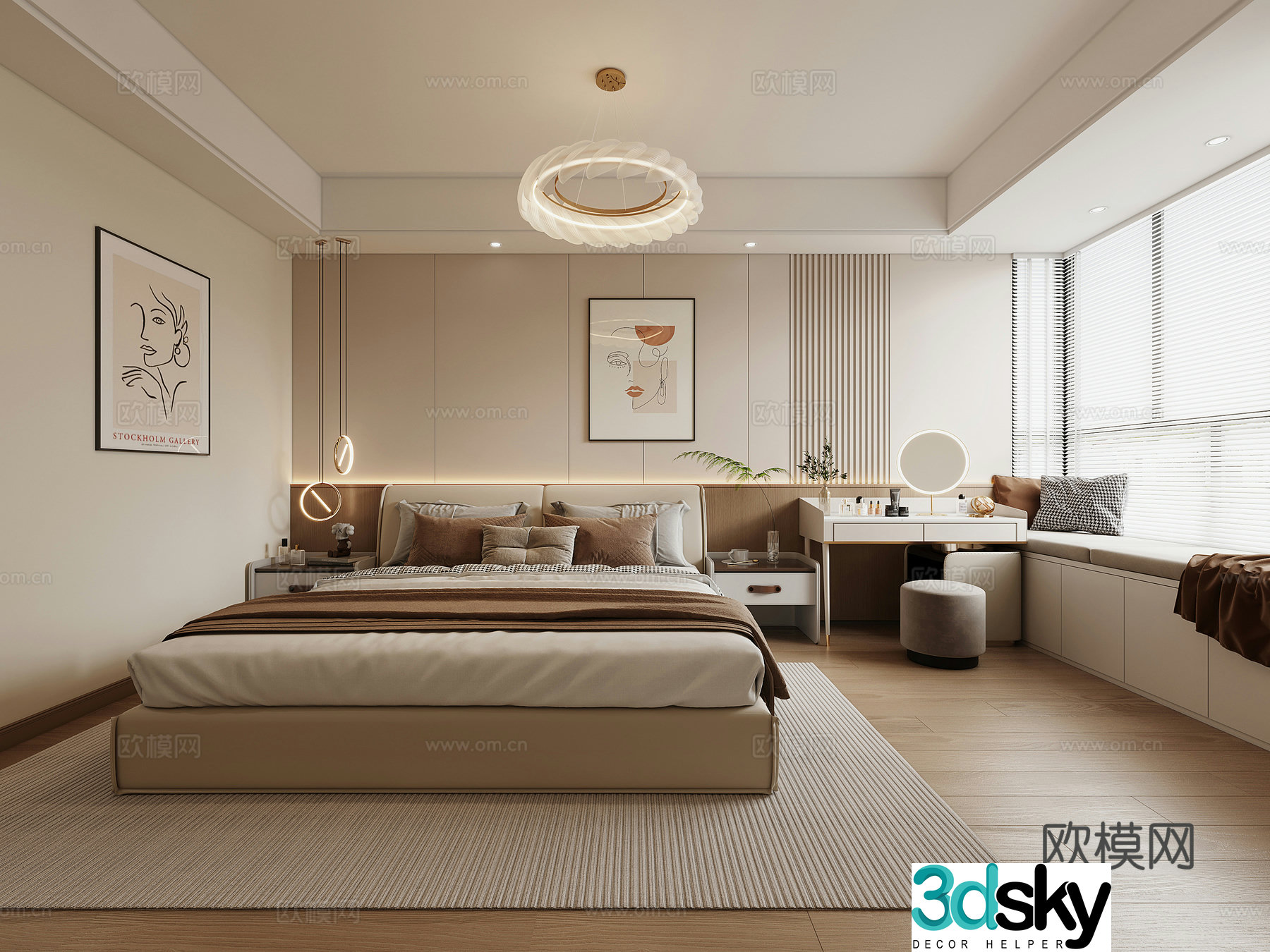 Modern master bedroom double bed wardrobe curtains 3d model