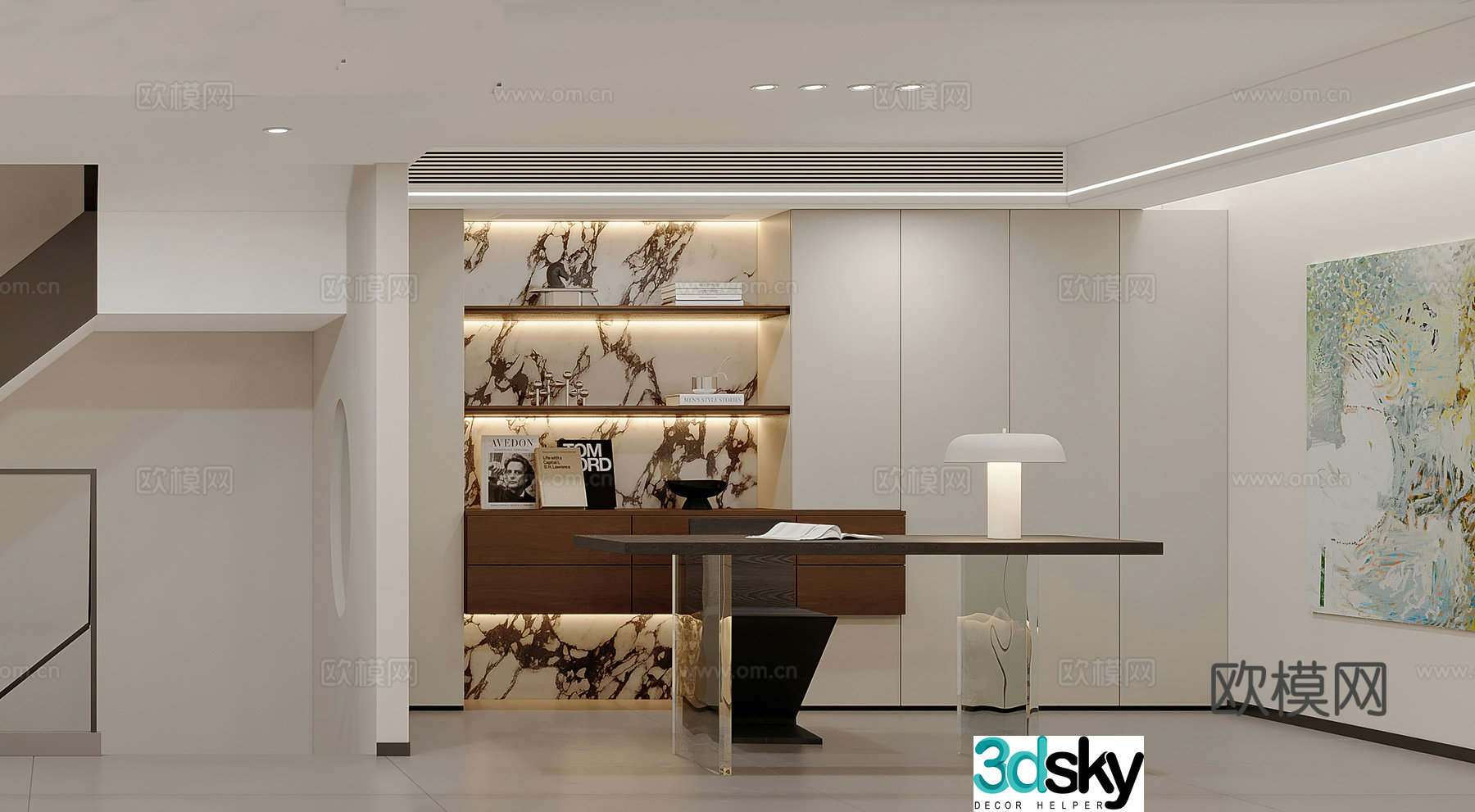 Modern study office office desk chair desk bookcase desk lamp manager room boss room 3d model