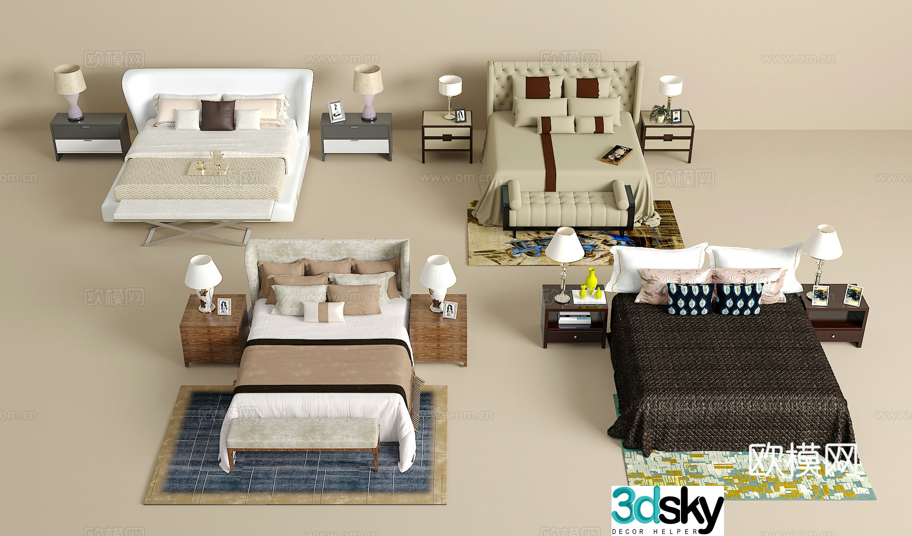 Double bed combination bedside table jewelry ornaments desk lamp carpet pillow 3D model
