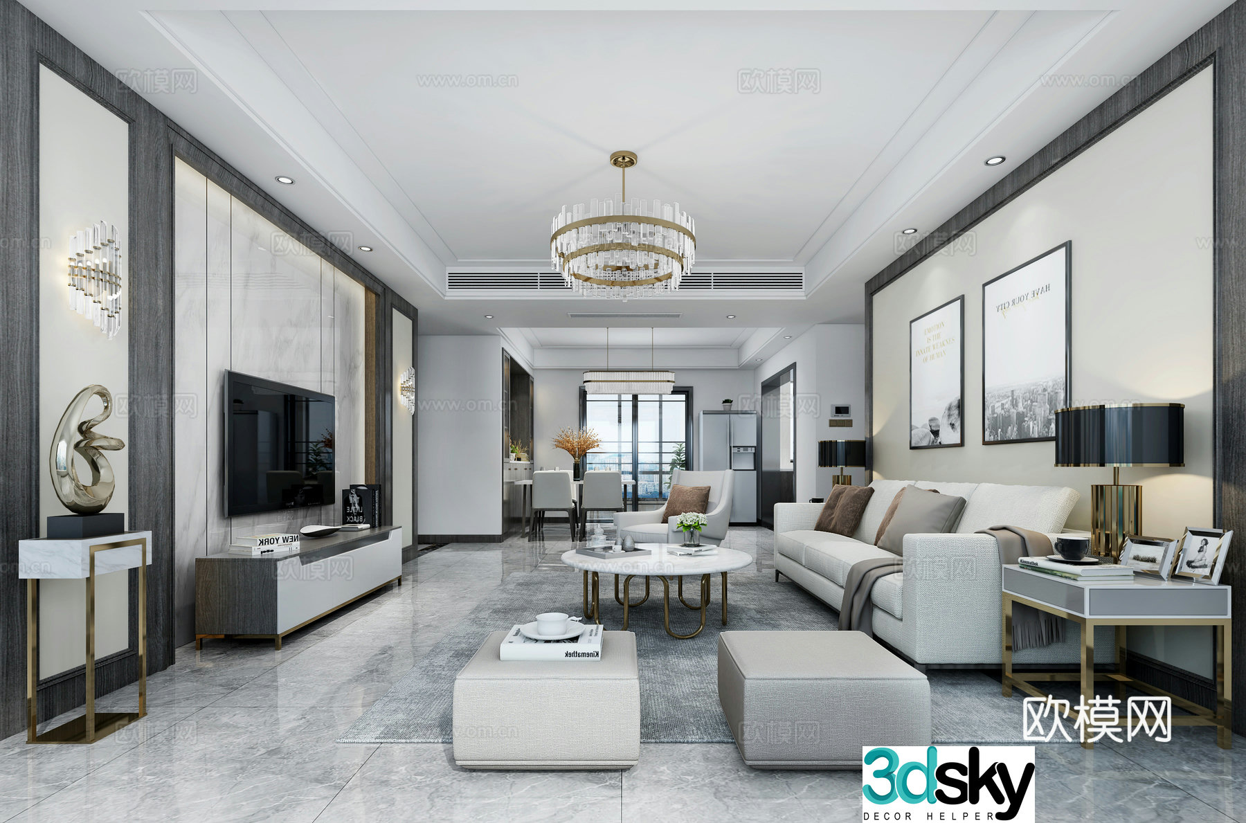 Modern black and white and gray living room dining table chair sofa coffee table chandelier desktop ornament hanging painting 3D model