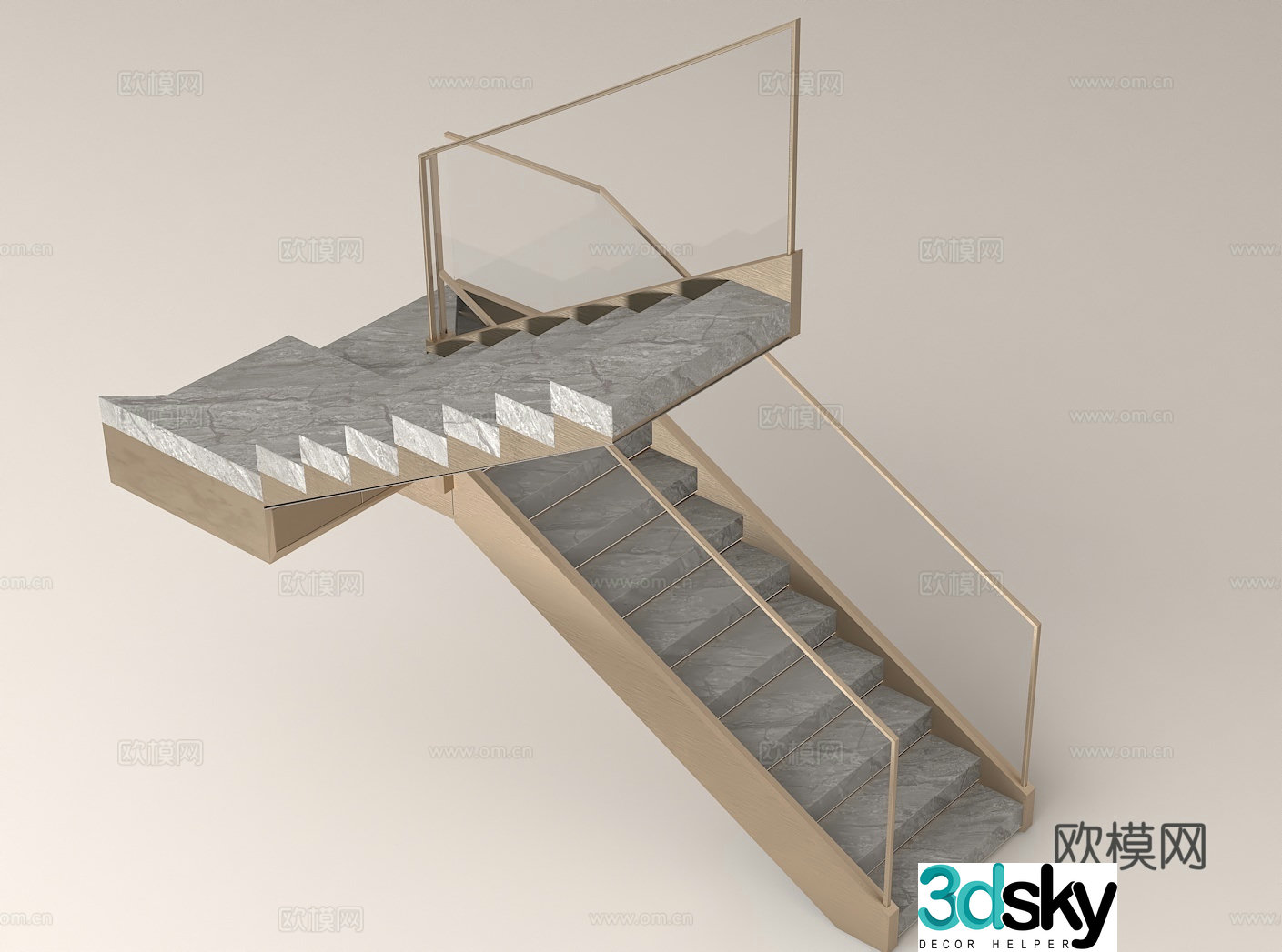 Modern staircase design Marble steps Metal border guardrail High-end residential design 3D model