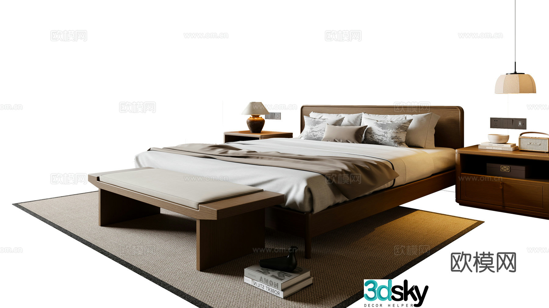 New Chinese Song style double bed nightstand chandeliers carpet 3d model