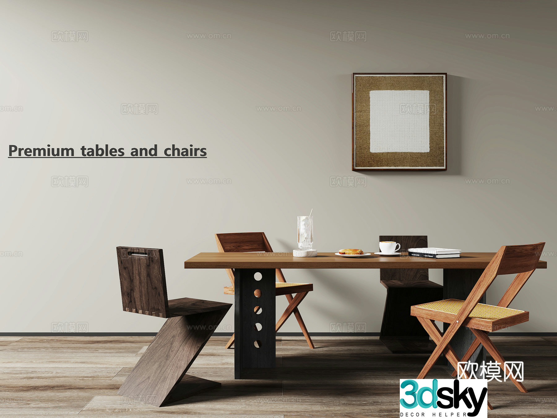 Medium style dining table and chair combination long table hanging painting 3D model