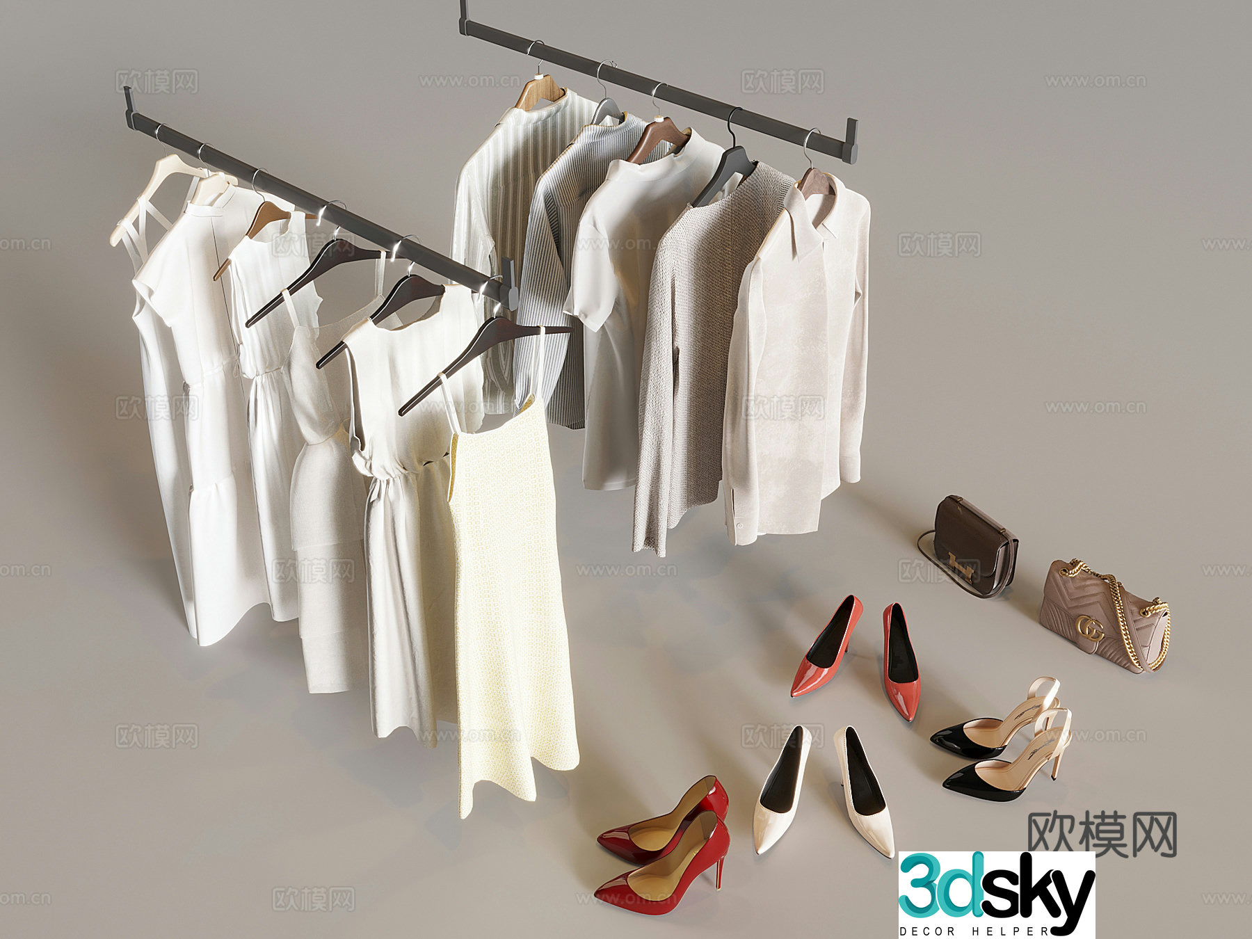 Clothes shirt dress clothes hanging clothes rod clothes braces high heels leather shoes bags 3D model