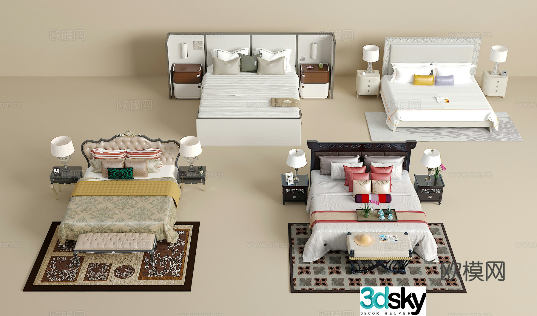 Double bed combination bedside table jewelry ornaments desk lamp carpet pillow 3D model