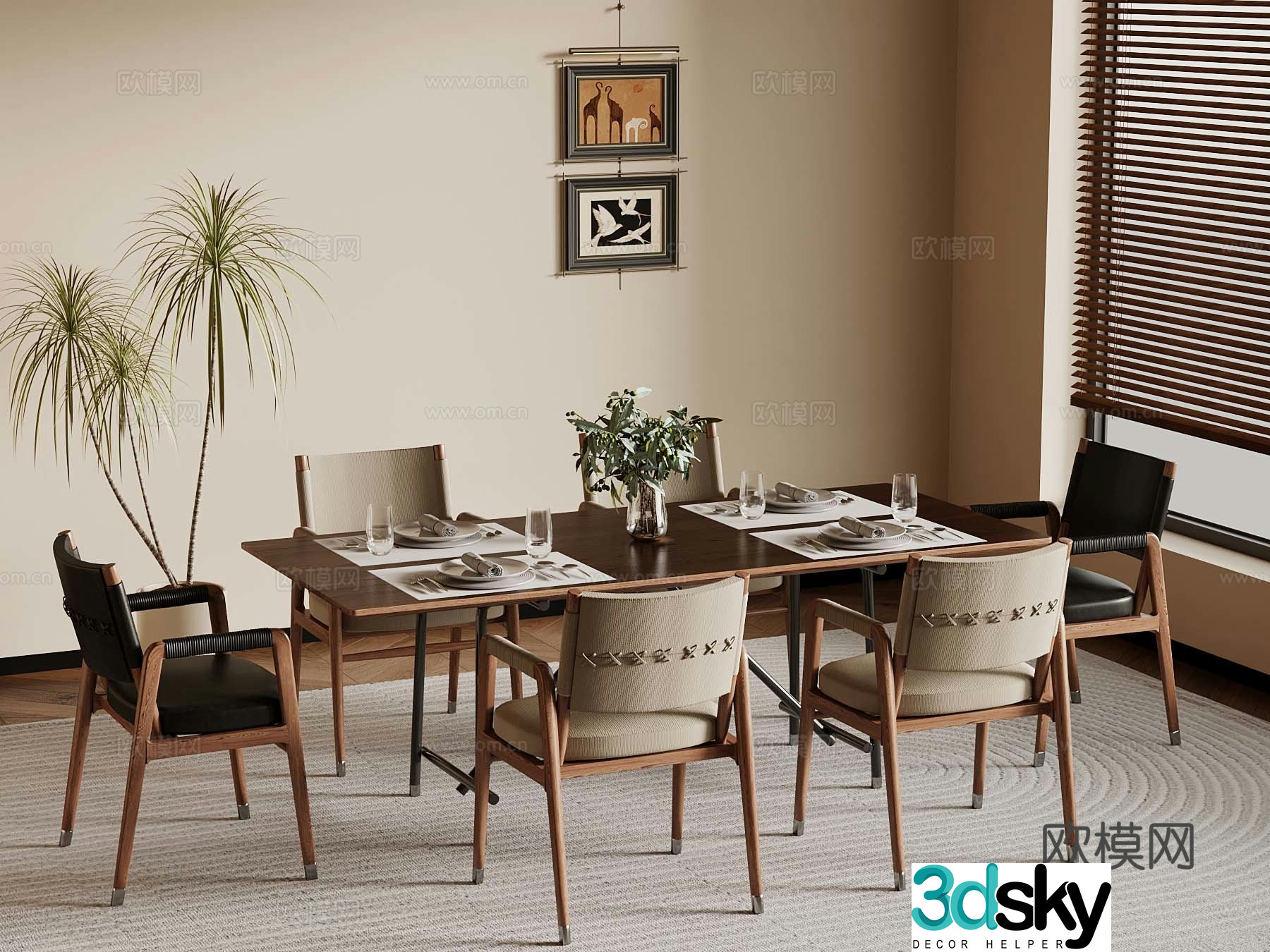 Medium style dining table and chairs tableware 3D model