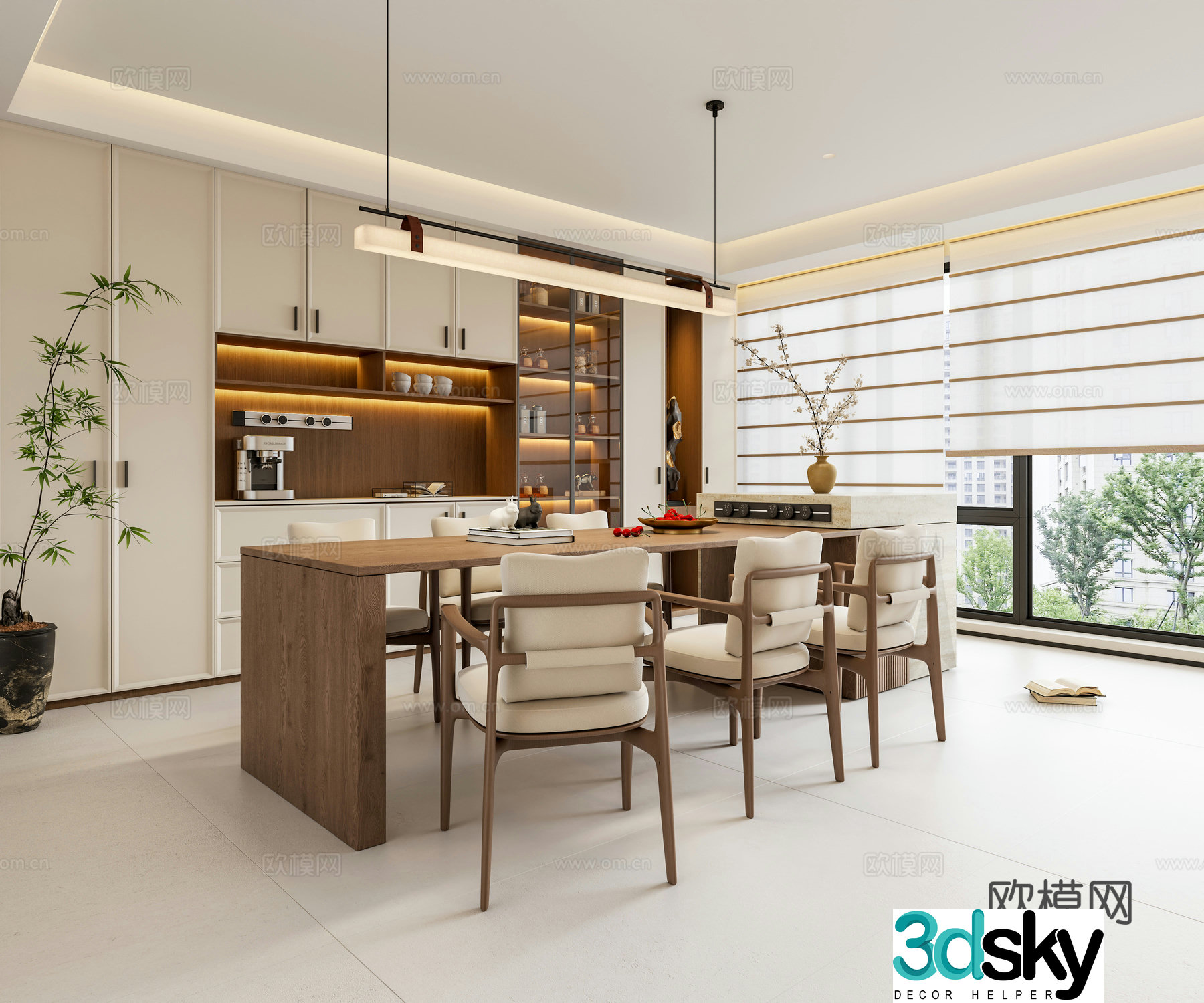 Zen New Chinese Home Restaurant Song-style Aesthetic Restaurant Island Dining Table and Chair Combination Restaurant Chandelier 3D Model