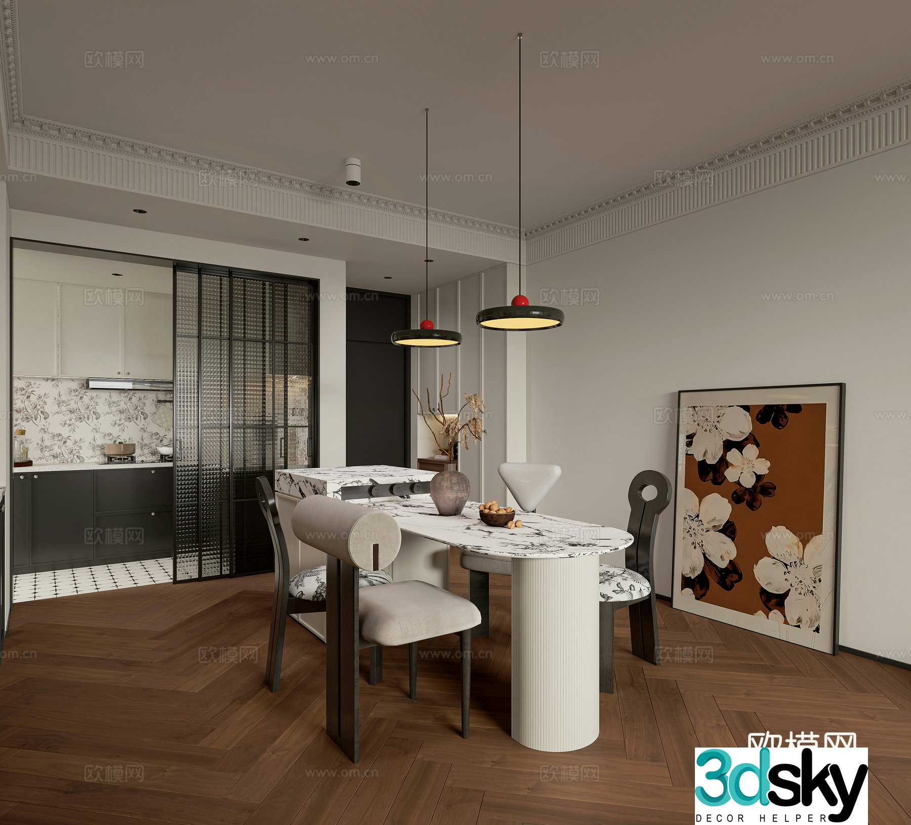 Middle style restaurant French restaurant dining table kitchen retro restaurant living restaurant chandelier 3d model