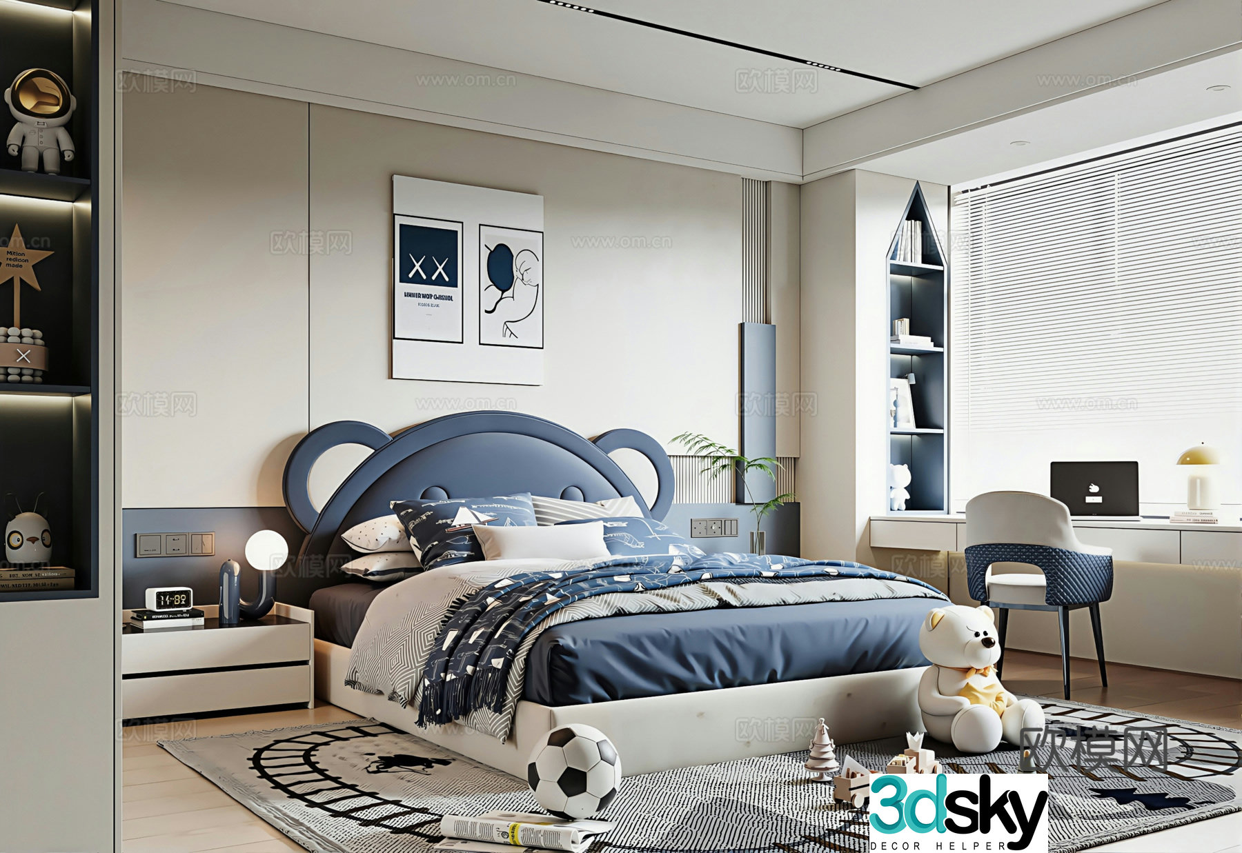 Modern universal children’s room boy’s room children’s bed bay window desk and chair bedside table wardrobe 3D model
