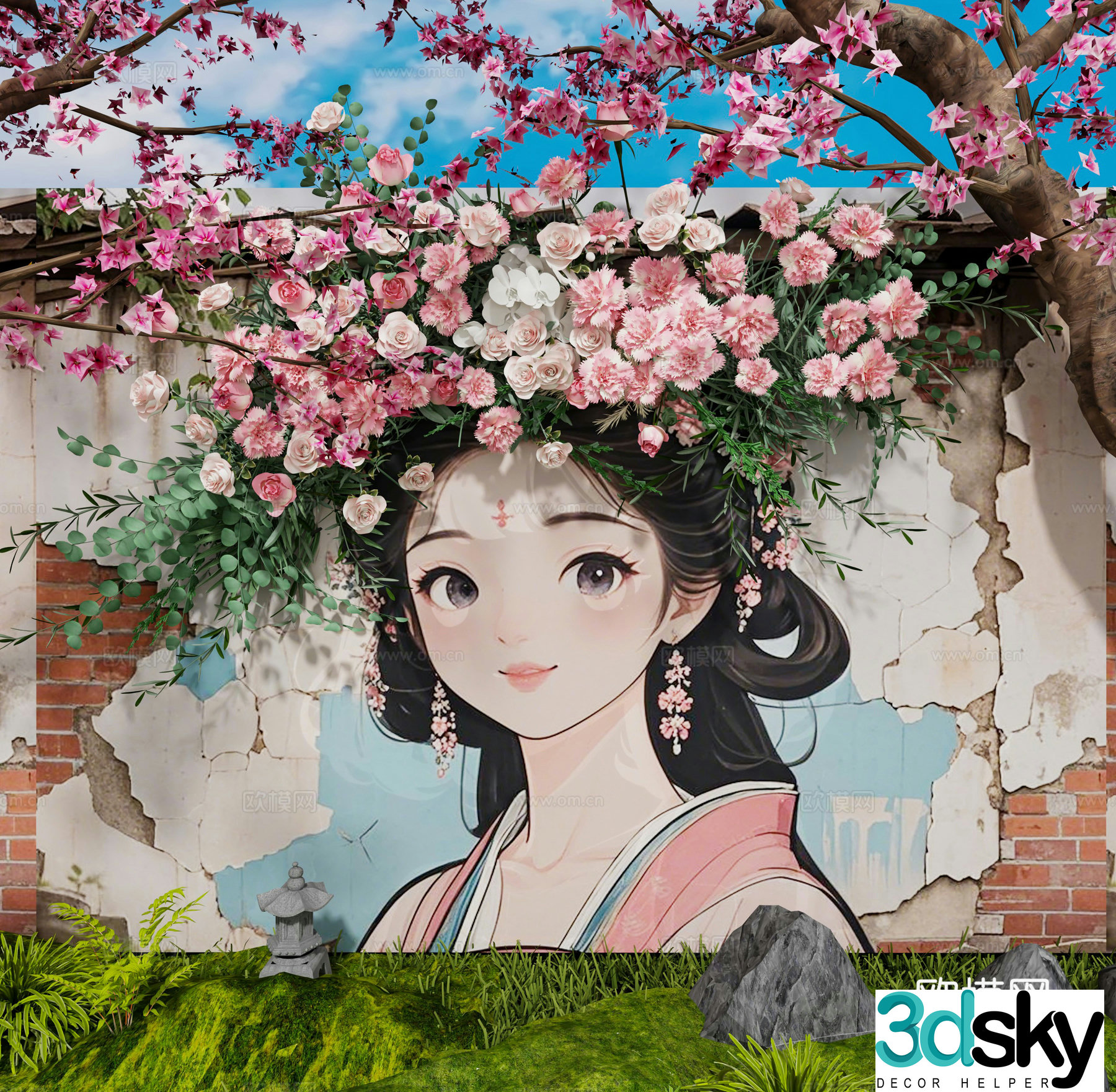 Modern walls Internet celebrity check-in wall painted wall cherry tree plants ancient characters painted 3D model