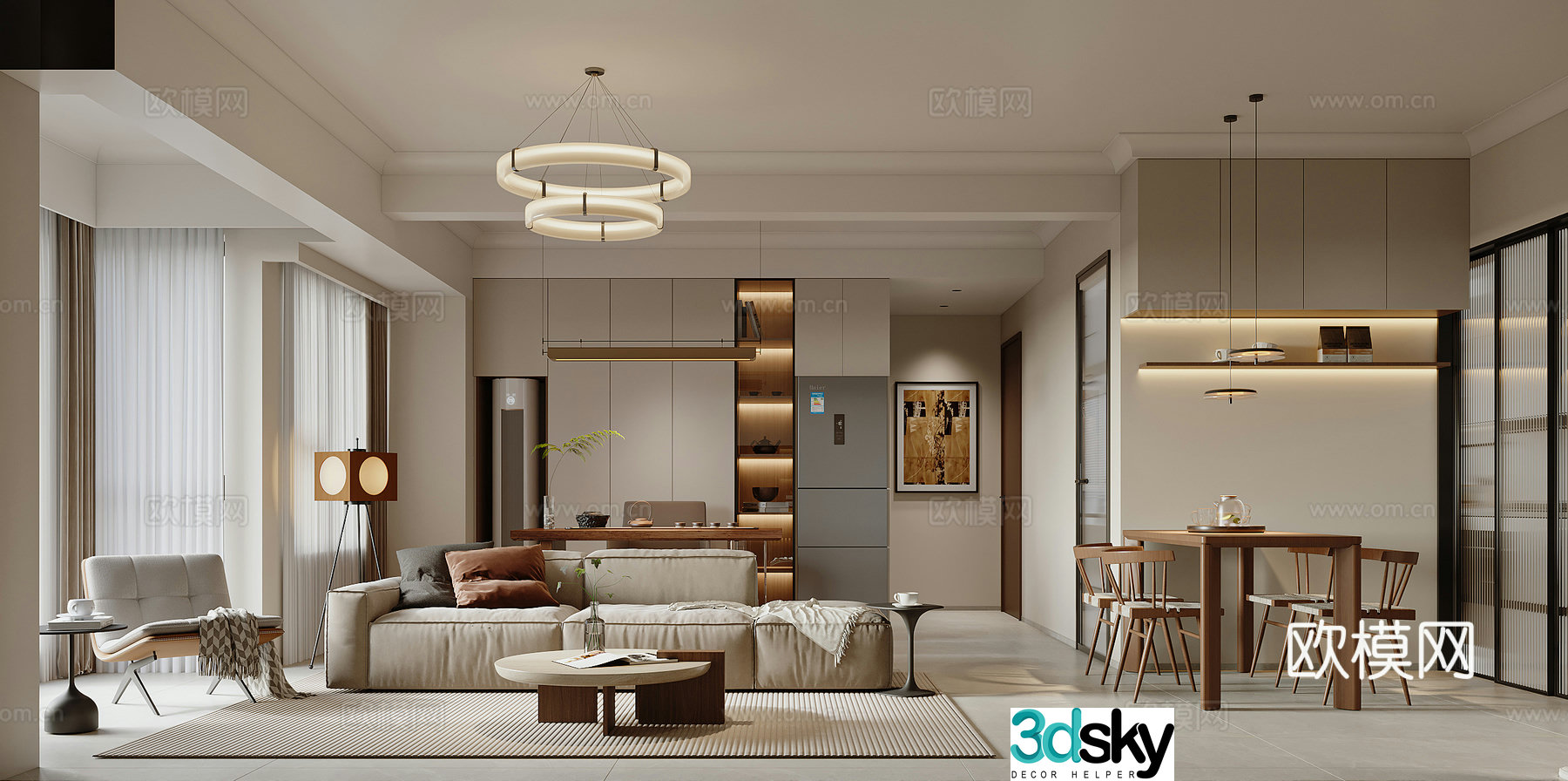 Modern living and dining room 3d model