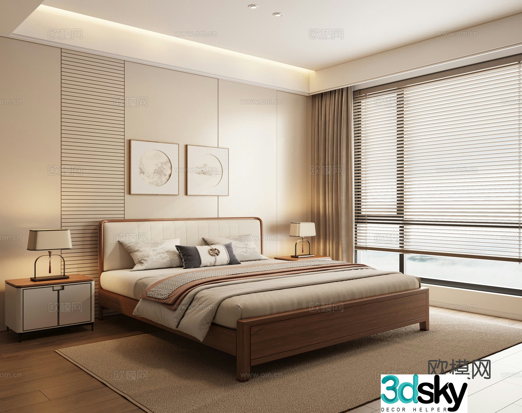 New Chinese style Zen bedroom master bedroom second bedroom double bed elderly room 3D model