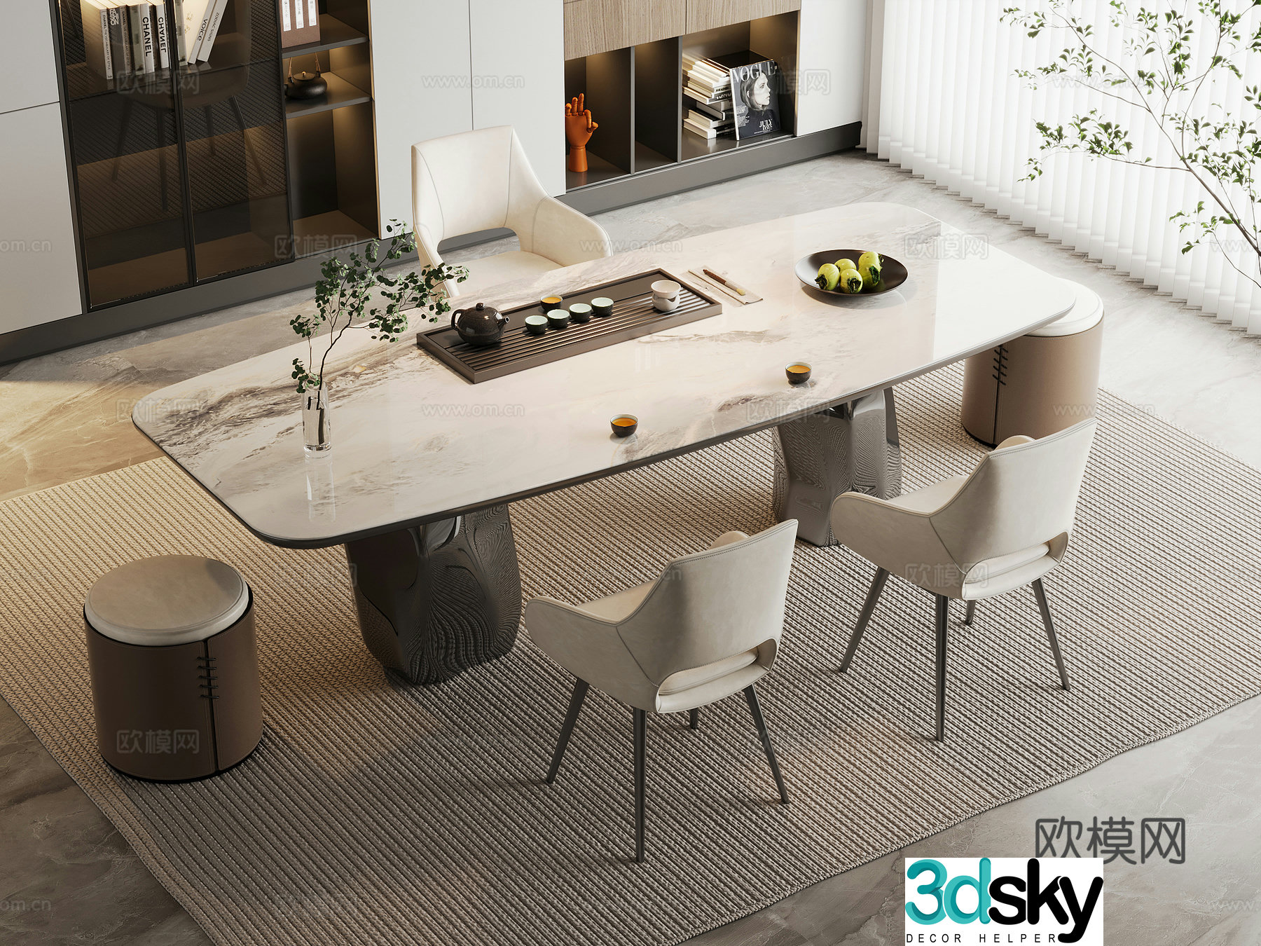 Modern tea table and chairs Light luxury marble tea table and chairs Rock tea table and tea table and tea table. Leather single chair 3D model