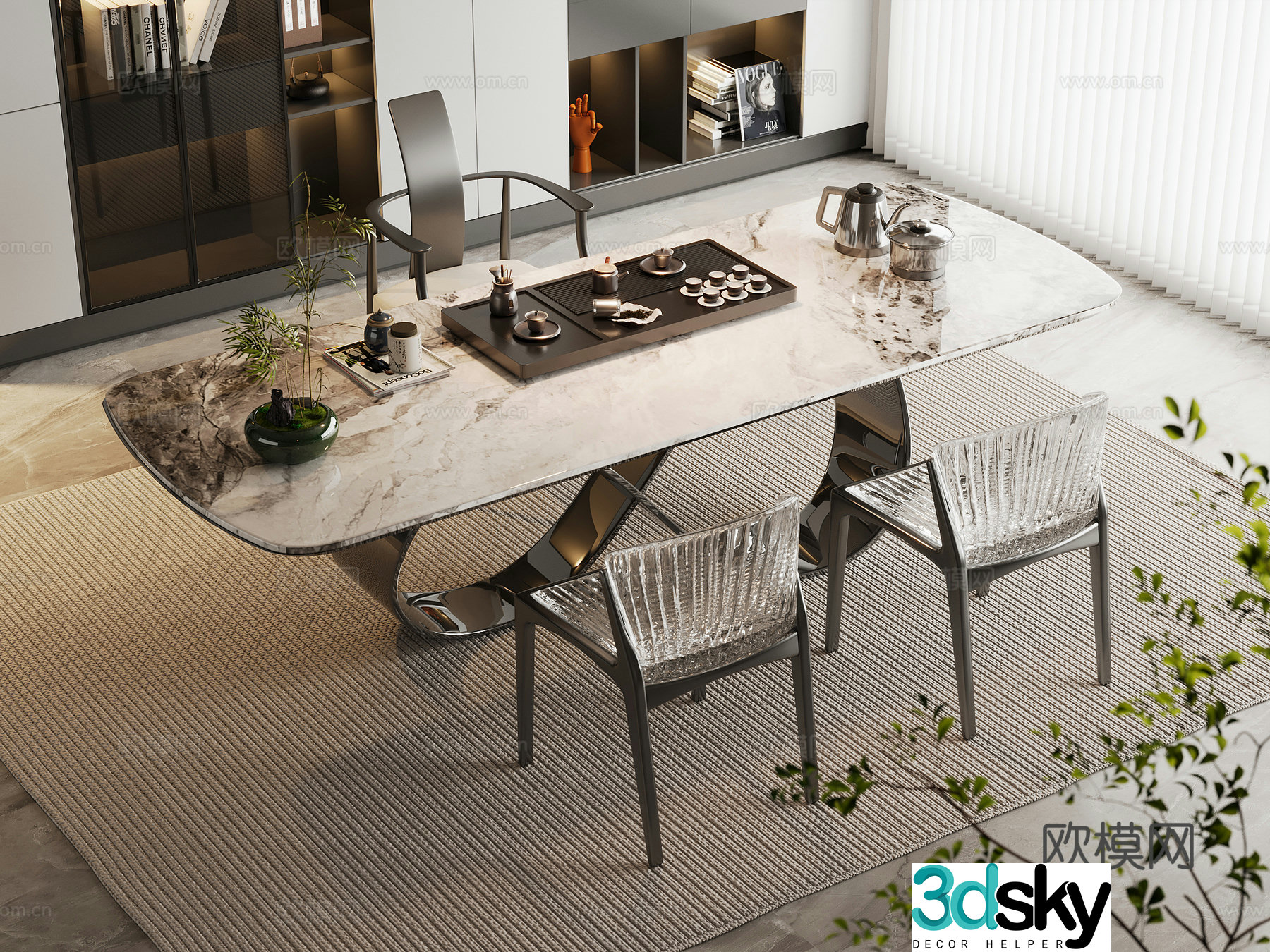 Modern tea table and chairs Light luxury marble tea table and chairs Rock panel tea table and metal chairs Tea set supplies 3D model