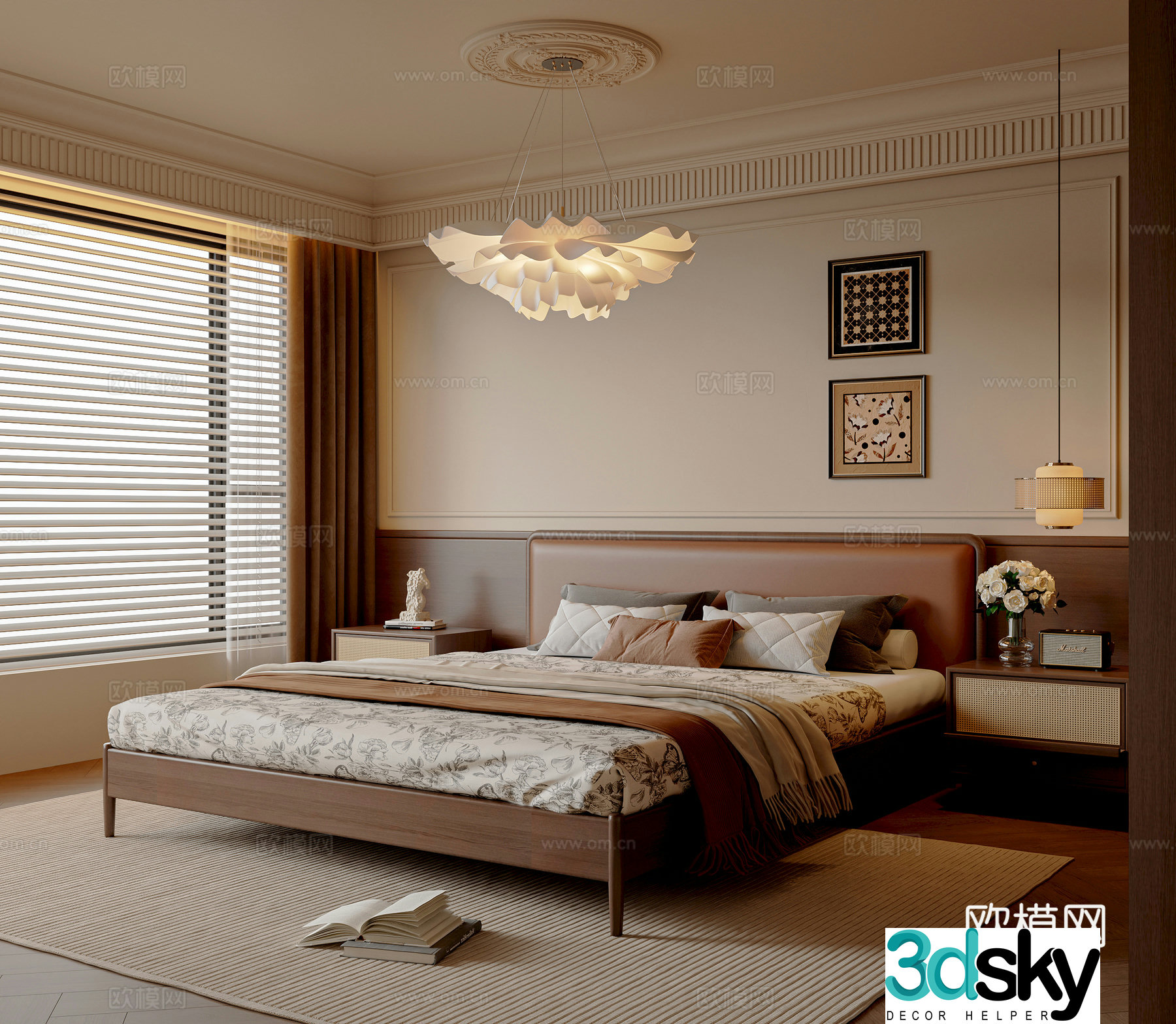 French medieval style bedroom double bed chandeliers paintings bedside tables bedroom accessories ornaments 3D model