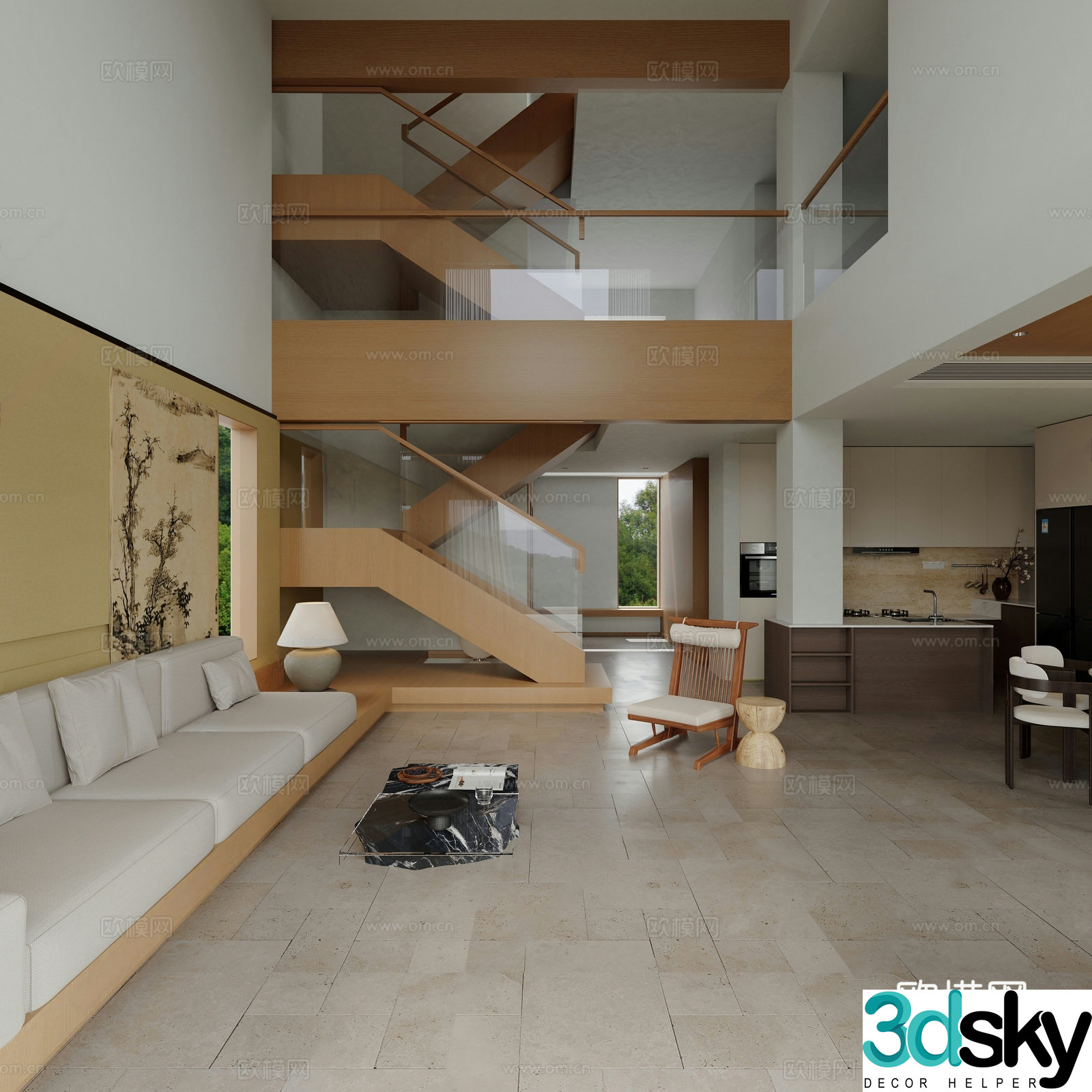 New Chinese style villa living and dining room Song style aesthetics Villa space Stair design Sofa coffee table combination 3D model