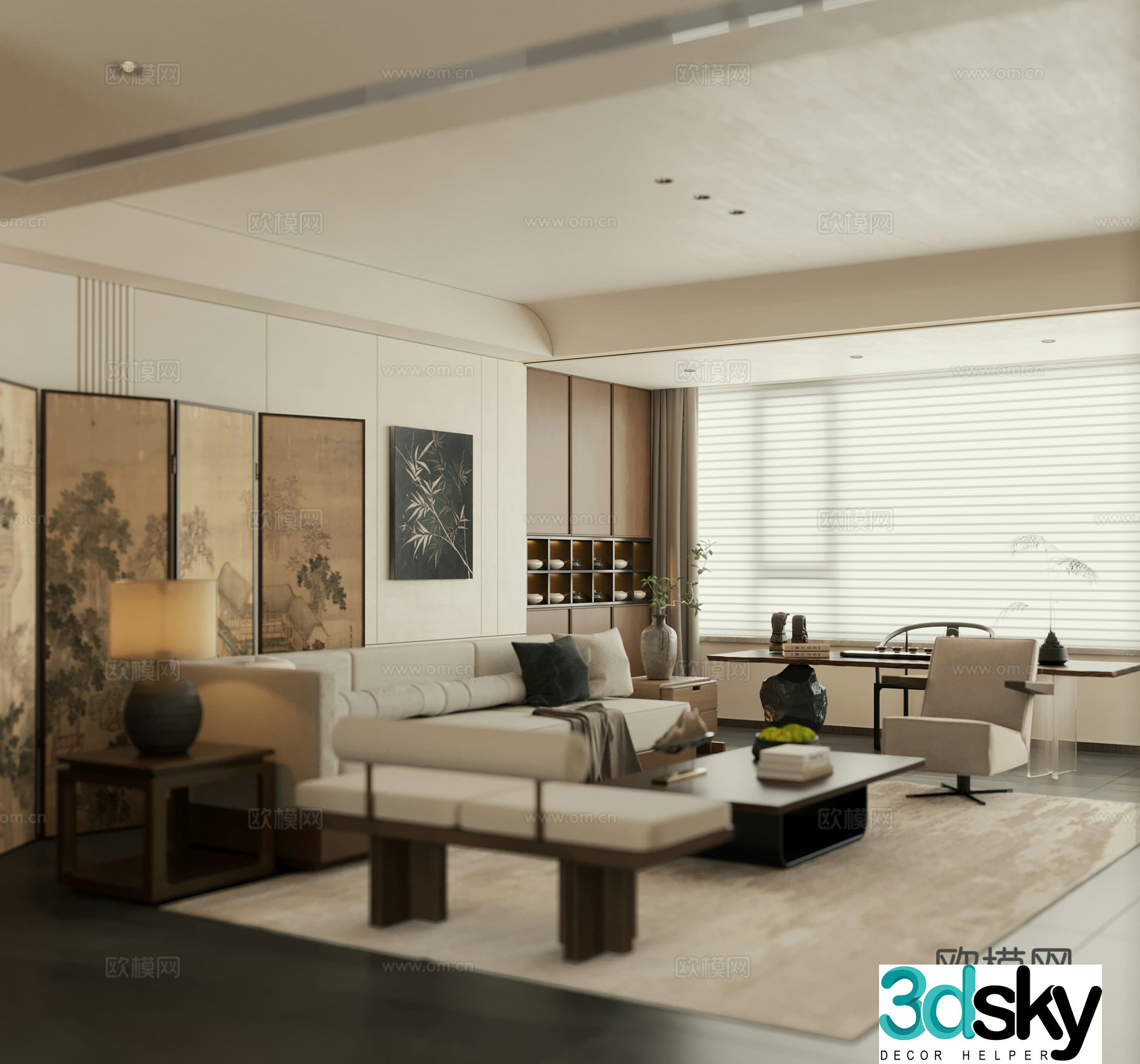 Song style living room New Chinese style living room Horizontal hall Large flat 3D model