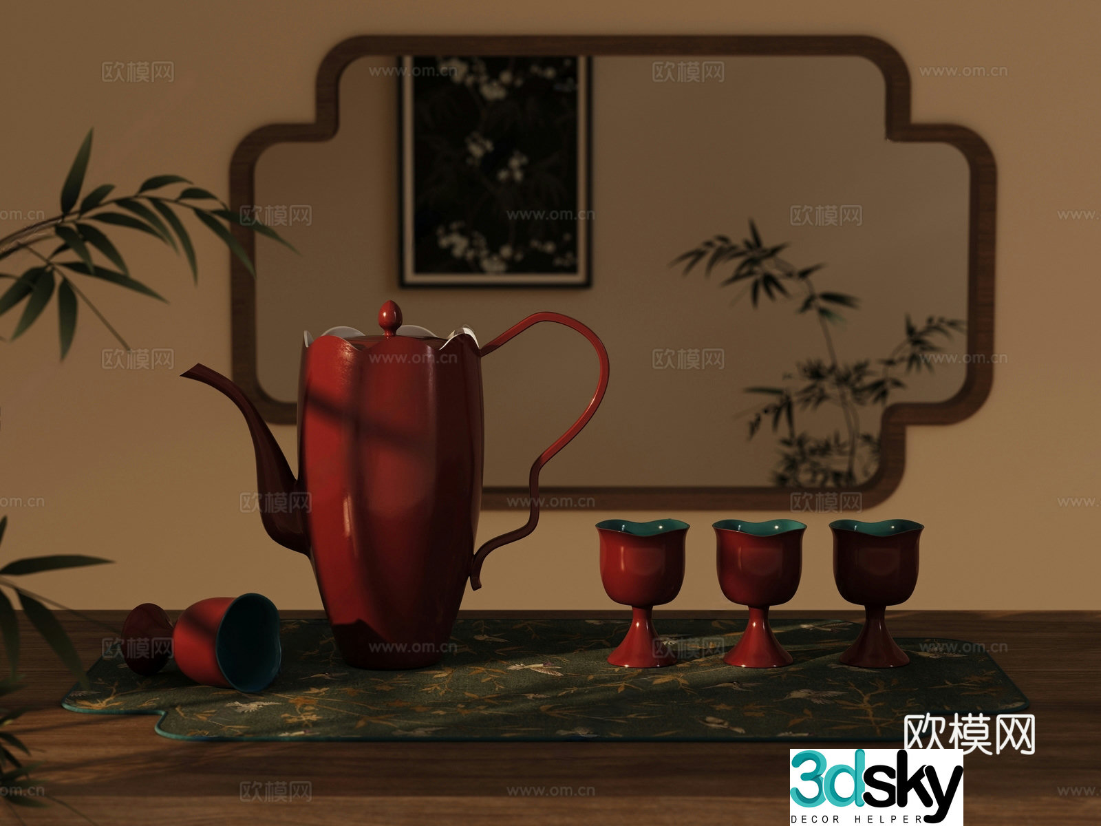 New Chinese style tea set tea table vase ornament ornament flower arrangement 3D model