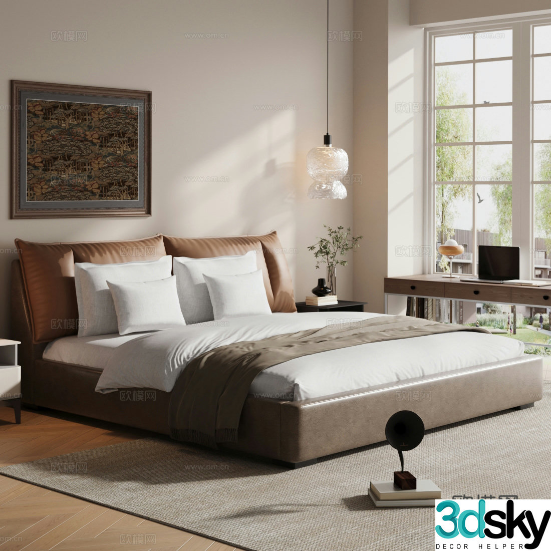 Middle-aged double bed Brown leather bed Leather bed Brown bed Middle-aged master bedroom Master bedroom bed 3D model