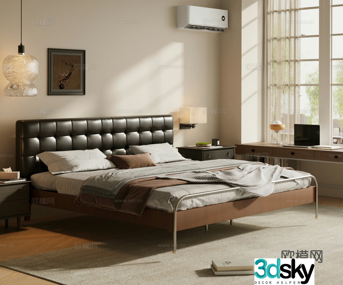 Middle-aged double bed Black leather bed Leather bed Black bed Middle-aged master bedroom Master bedroom bed 3D model