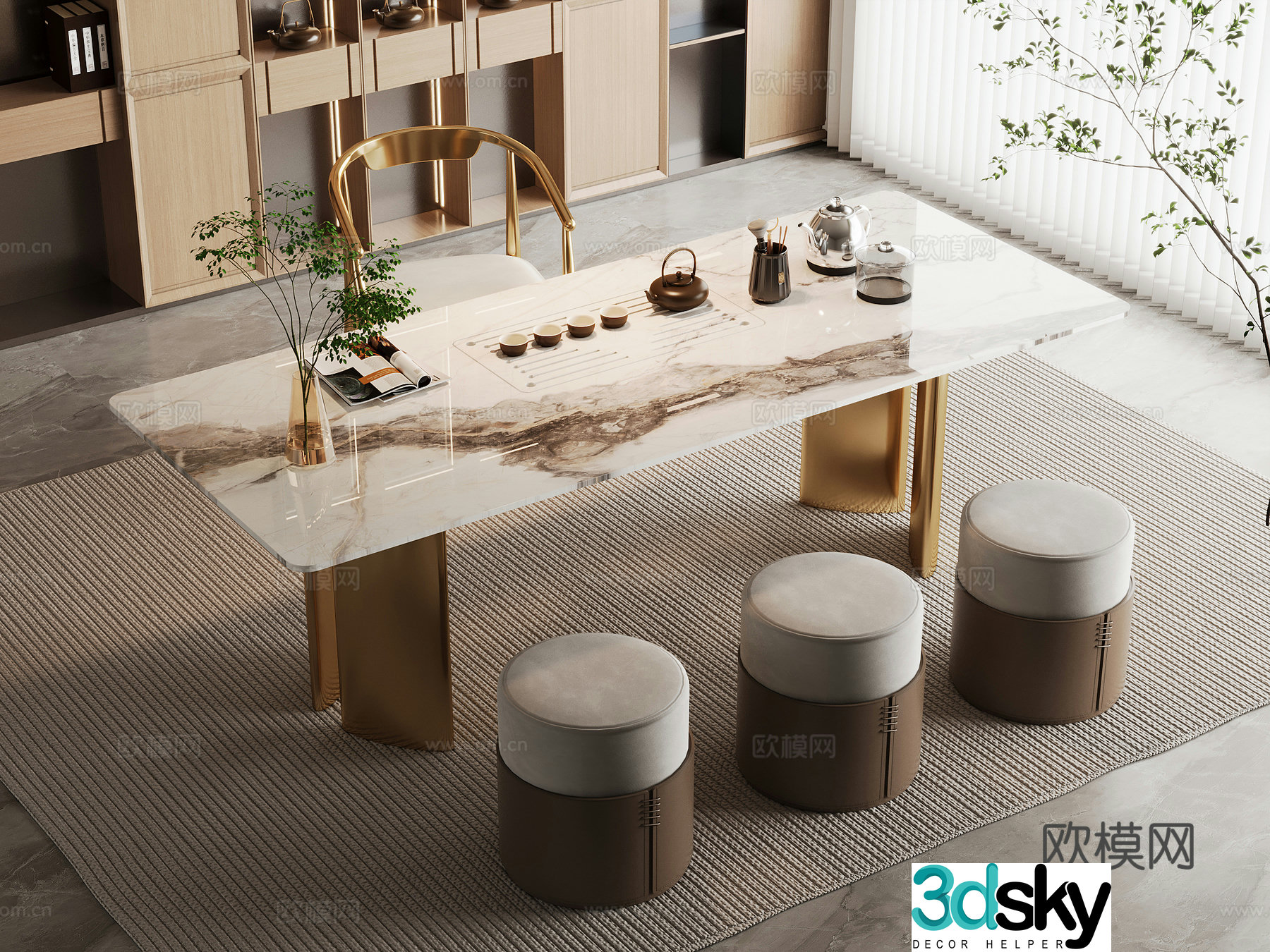 Modern tea table and chairs light luxury marble tea table and chair combination rock tea table and tea table sofa stool 3D model