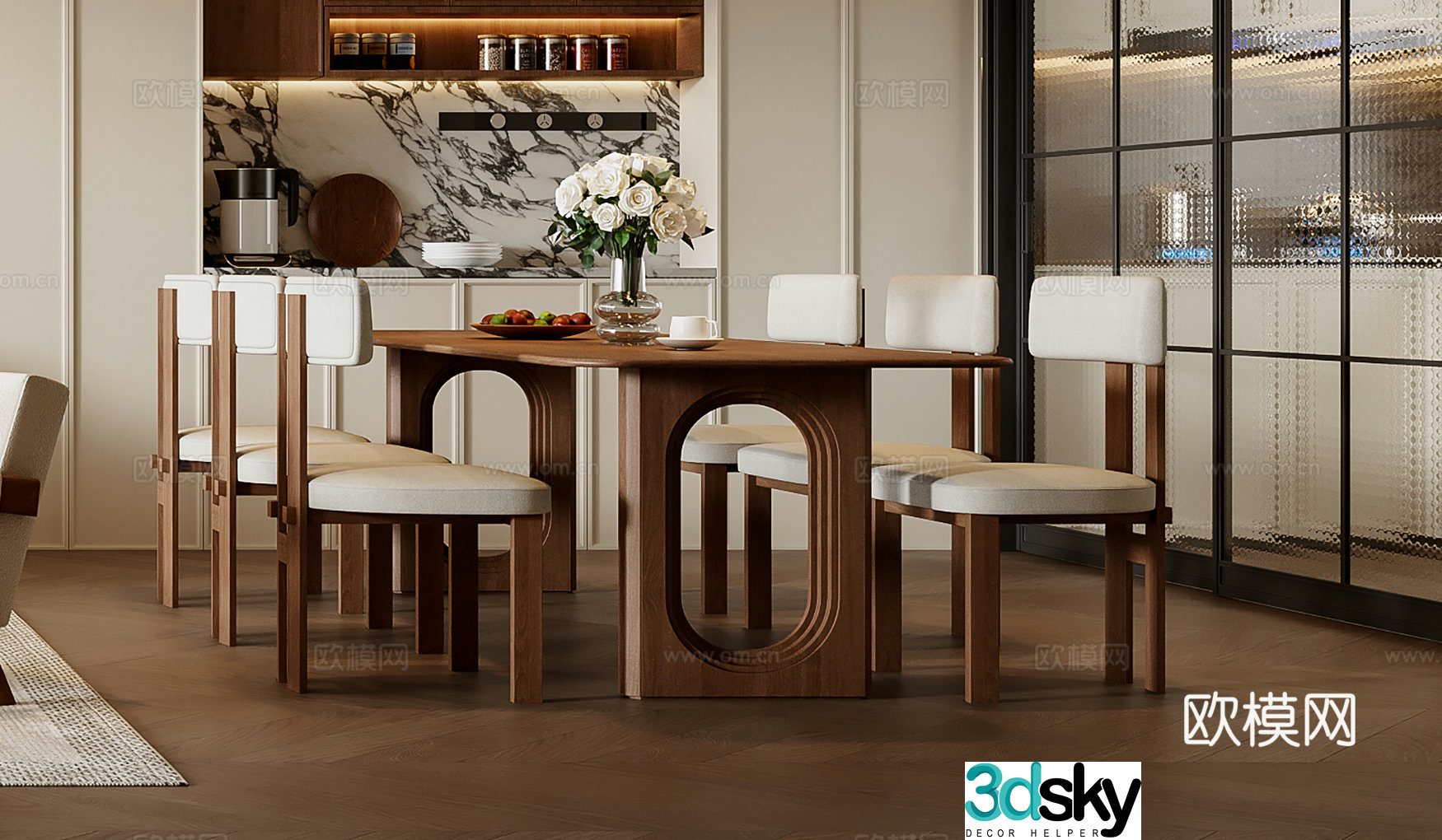 Medium style dining table and chair combination 3D model