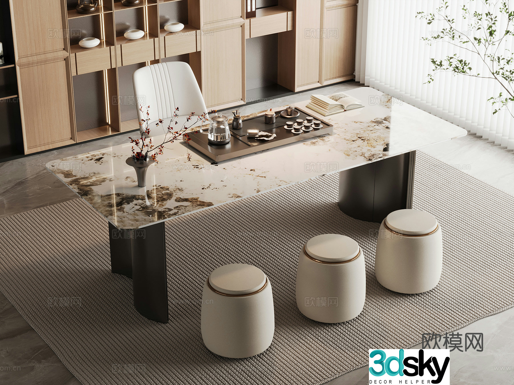 Modern tea table and chairs light luxury marble tea table and chair combination rock-pan tea table and tea table water boiling table 3D model