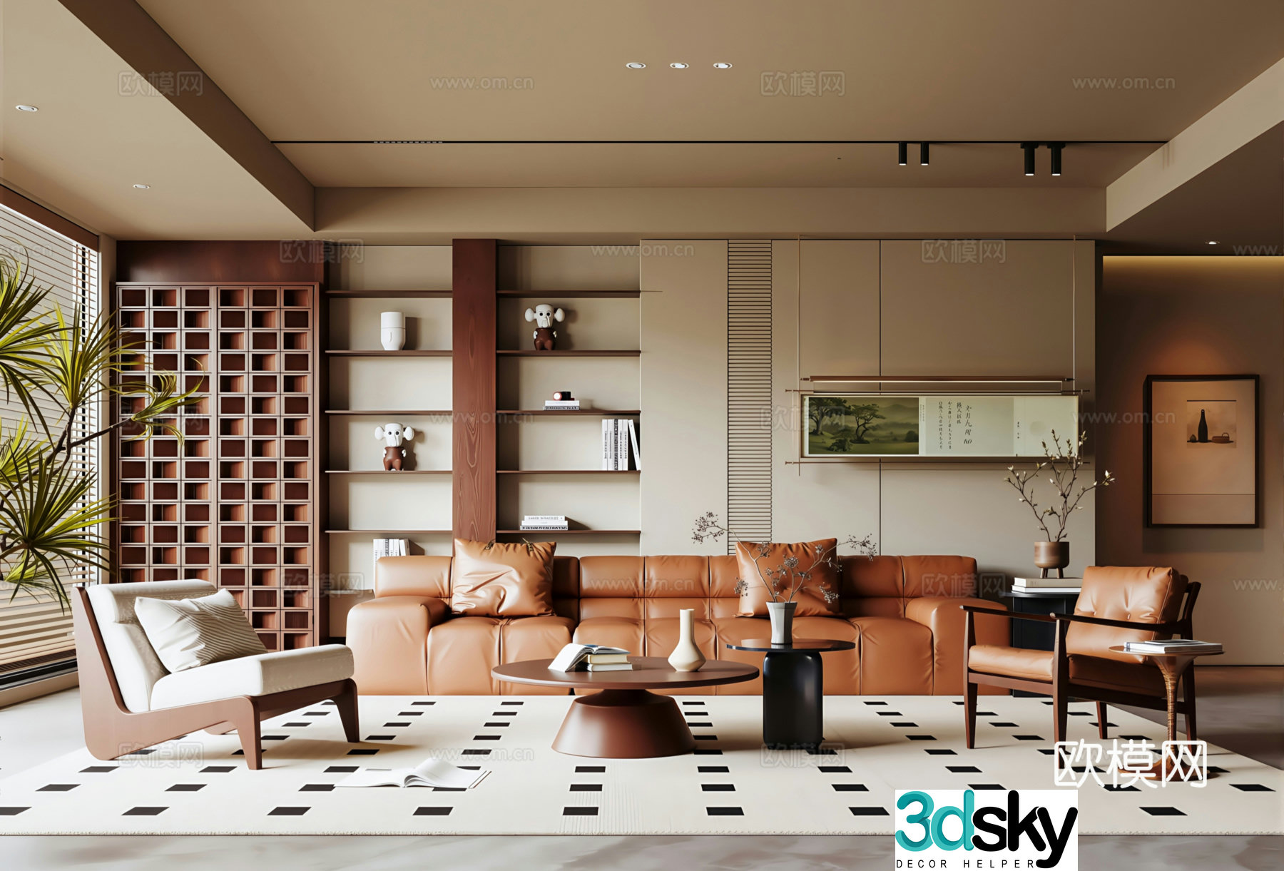 Modern medieval style living room sofa background wall sofa coffee table combination decorative painting 3D model