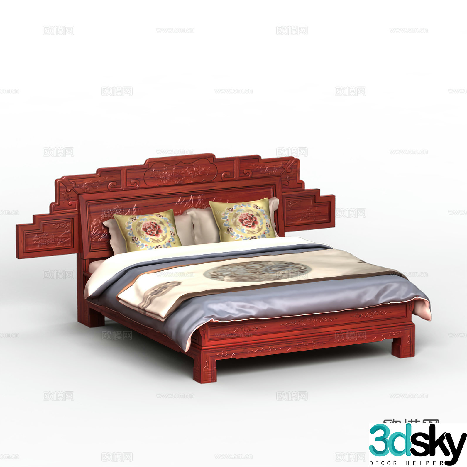 Chinese double bed carved bedside bed body solid wood mahogany 3D model