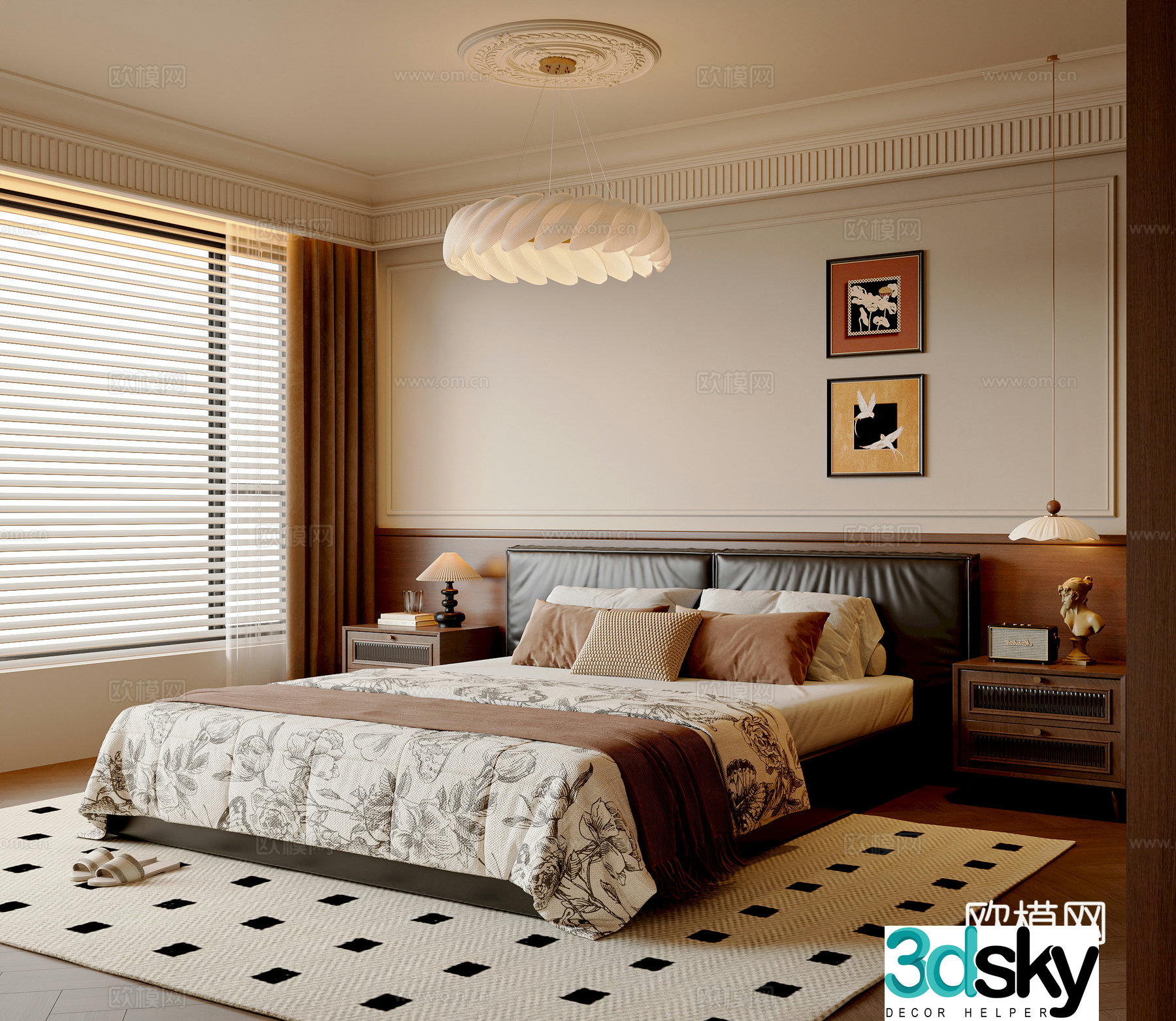French medieval style bedroom double bed chandeliers paintings bedside tables bedroom accessories ornaments 3D model
