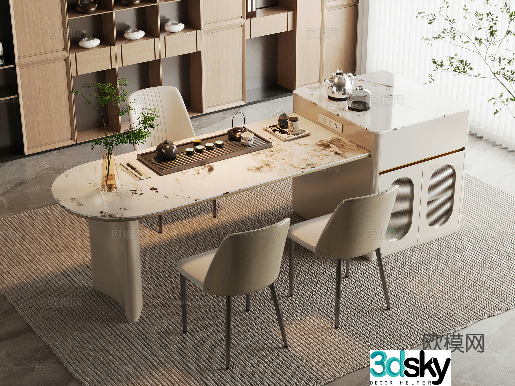 Modern tea table and chairs light luxury marble tea table and chair combination rock-pan tea table and tea table water boiling table 3D model