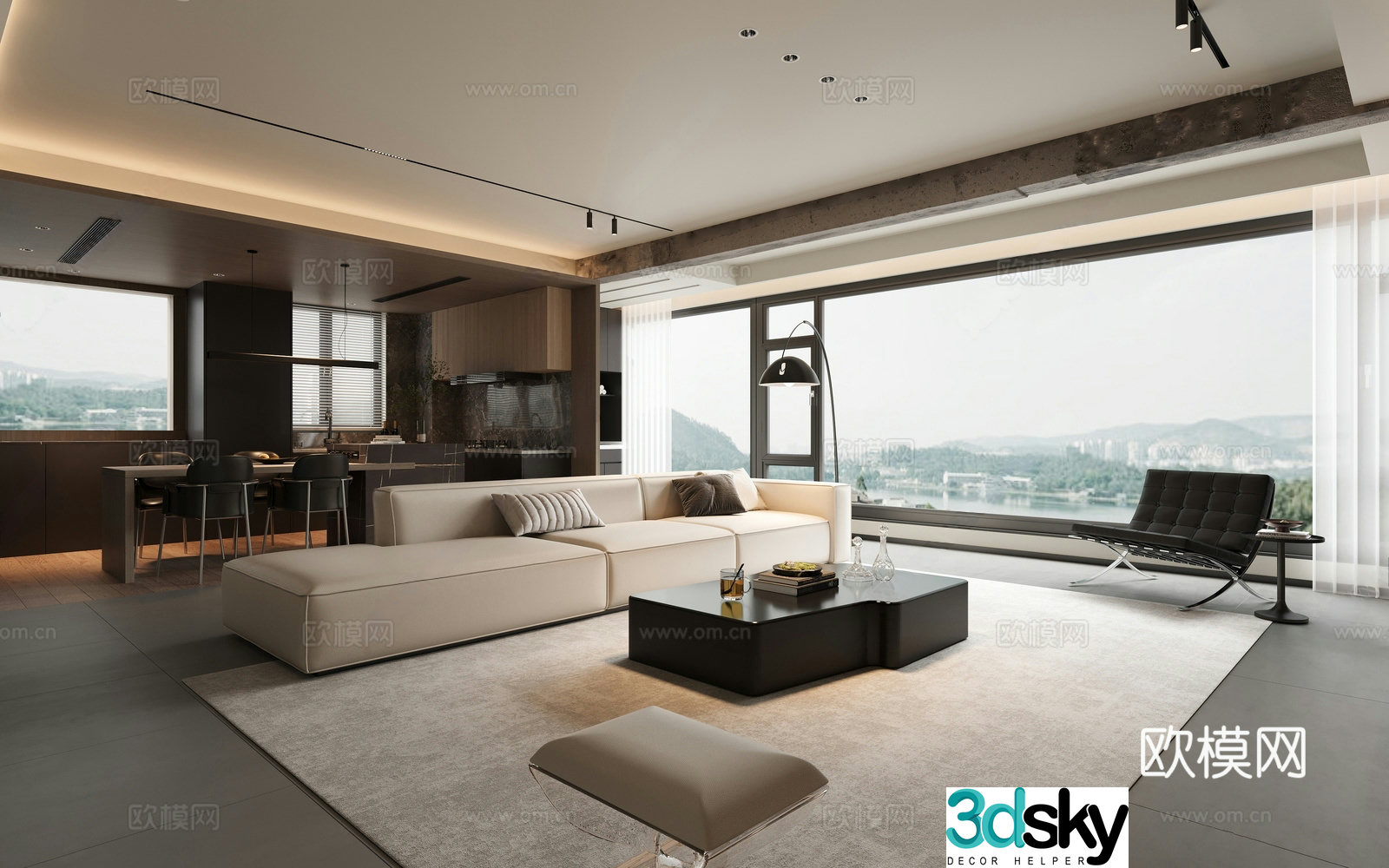 Modern minimalist home living and dining room large flat living room high-end gray living room minimalist living room open 3d model