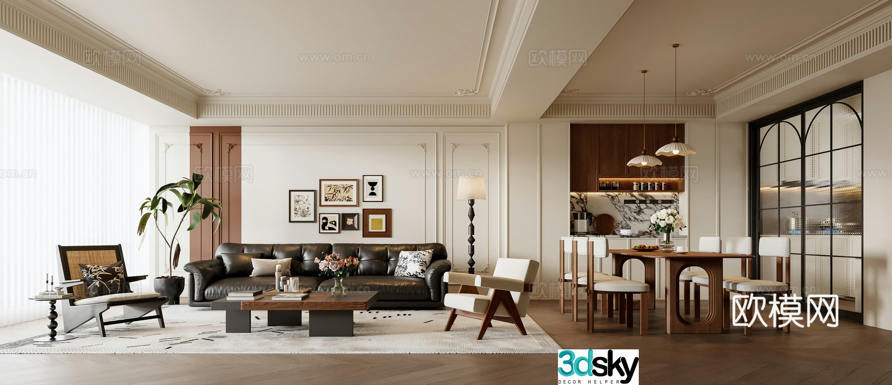 French living and dining room 3d model