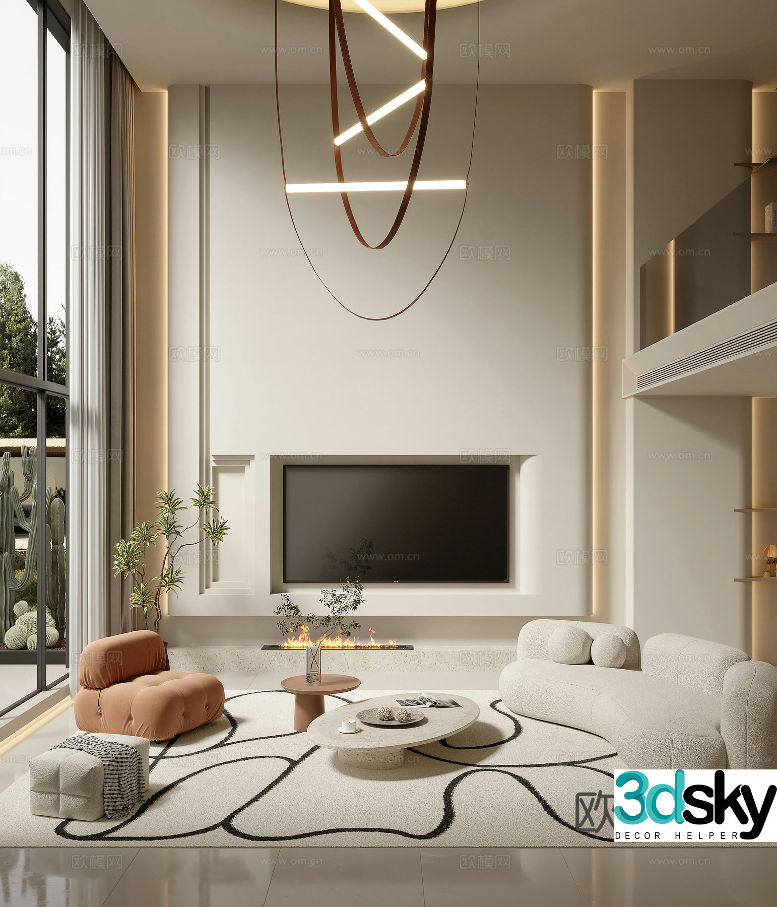 Creamy Villa Living Room 3D Model