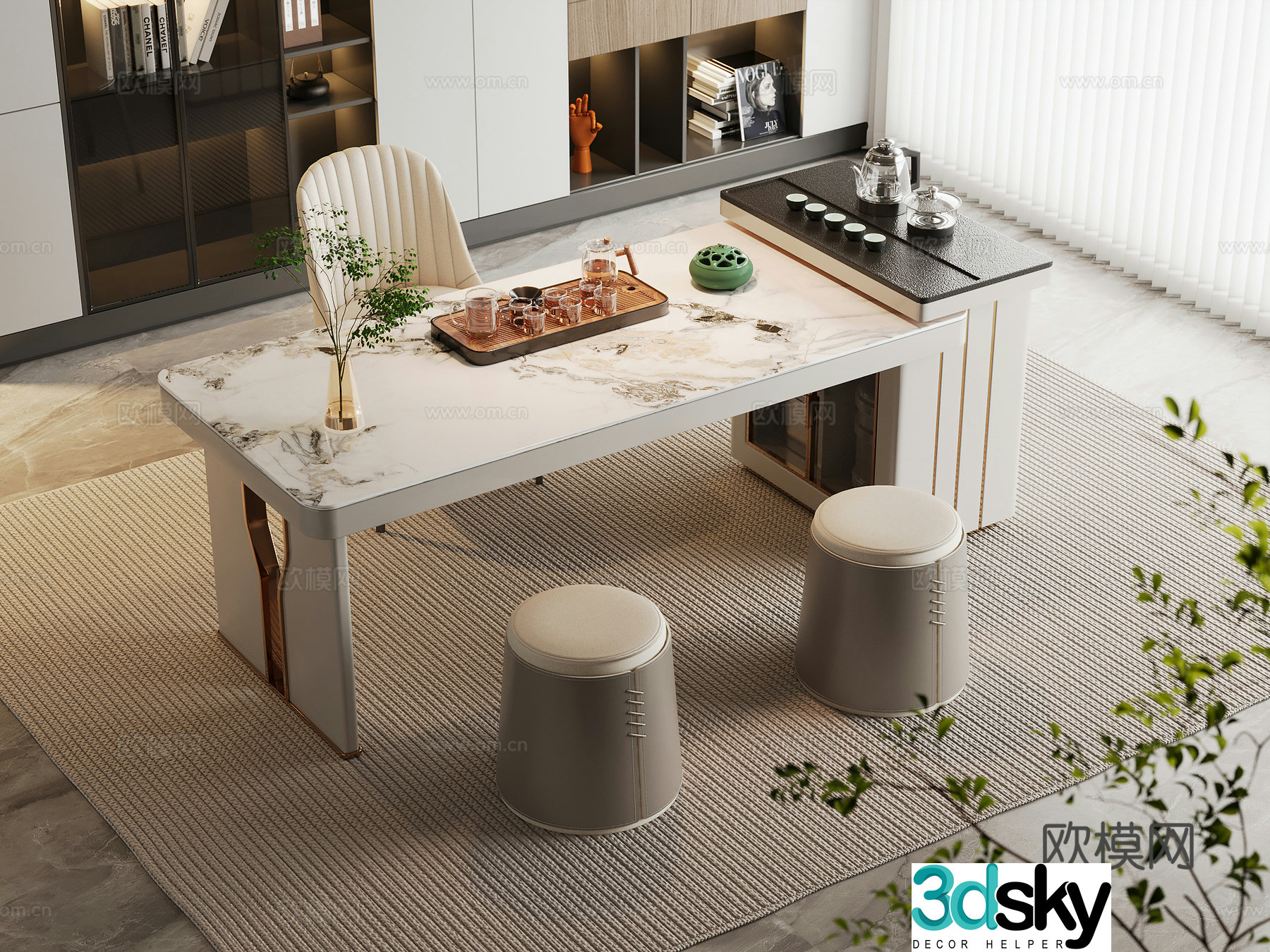 Modern tea table and chairs light luxury marble tea table and chairs rock-panel tea table tea table and sofa stool 3D model