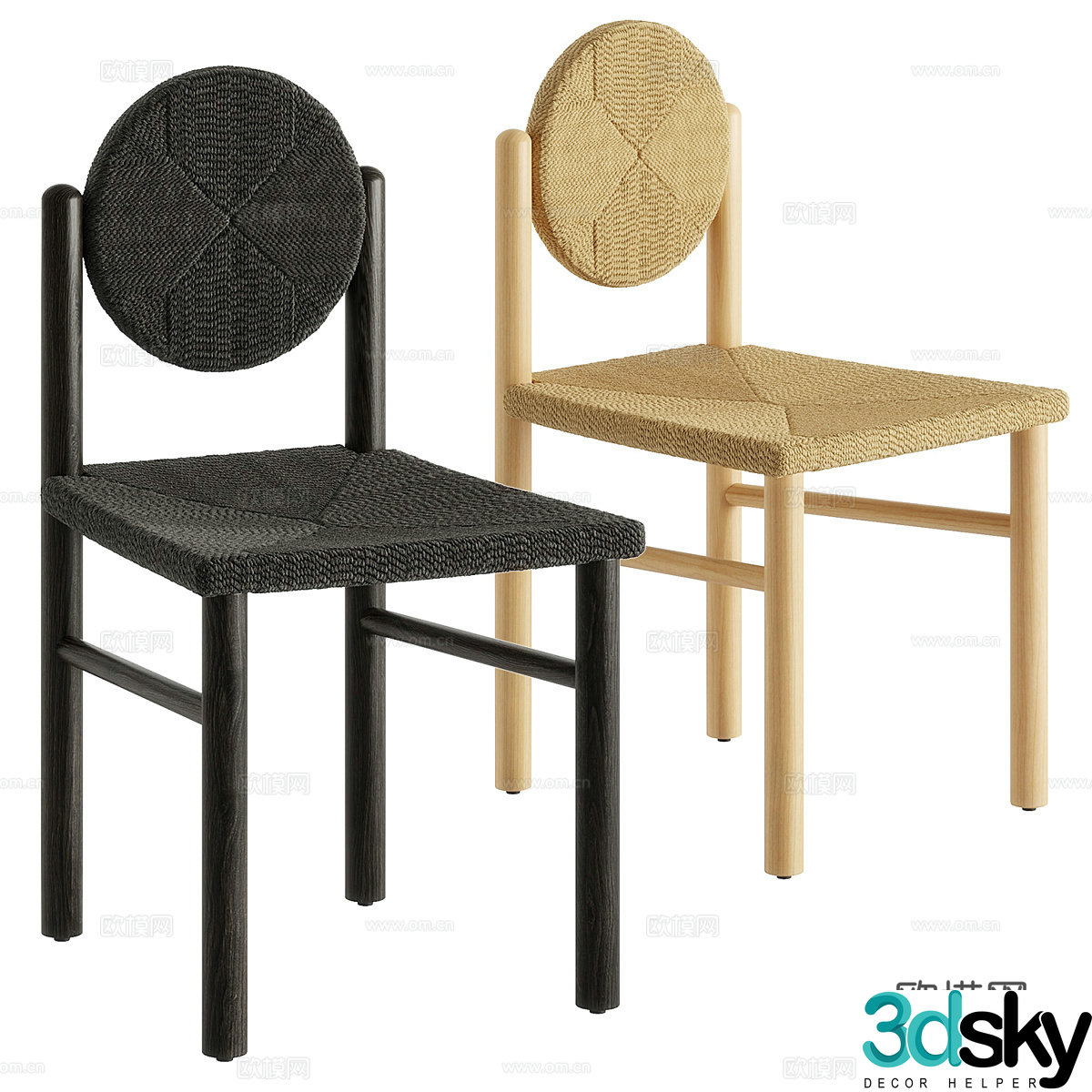 New Chinese style wasabi rattan wooden dining chair 3D model
