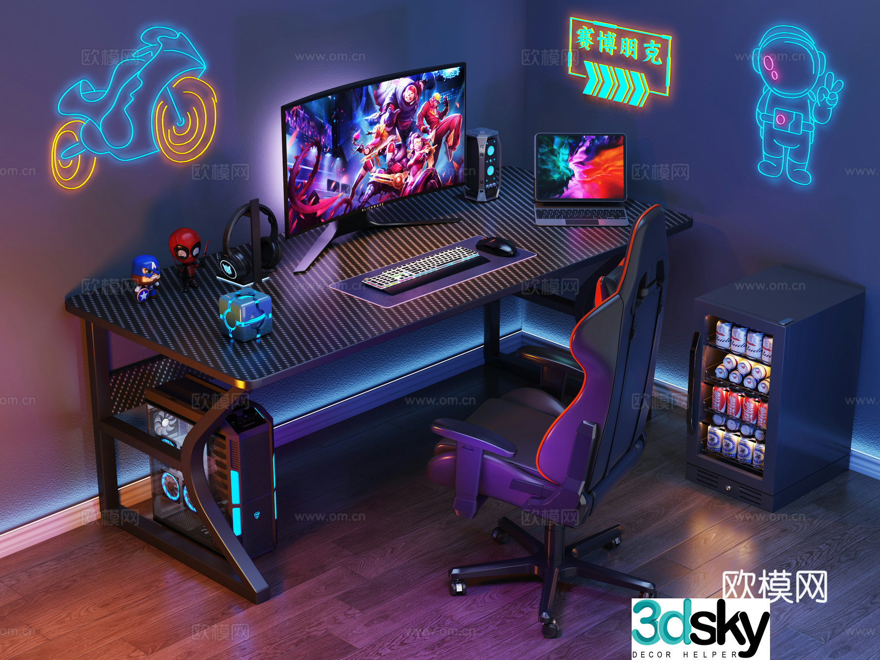 Modern desk and chair e-sports table and chair computer desk e-sports room computer ornament combination decorative lamp 3D model
