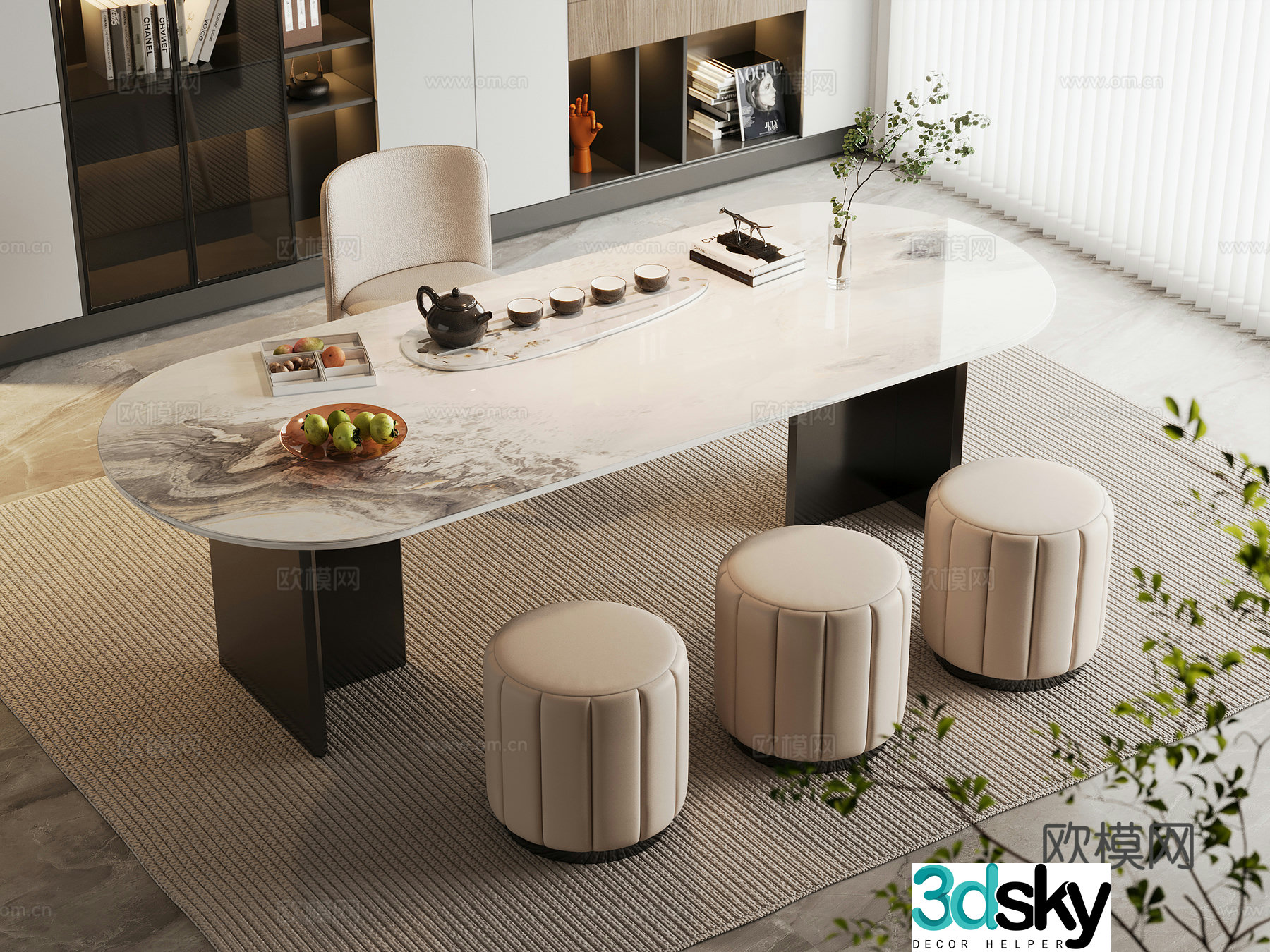 Modern tea table and chairs light luxury marble tea table and chairs rock-panel tea table tea table and sofa stool 3D model